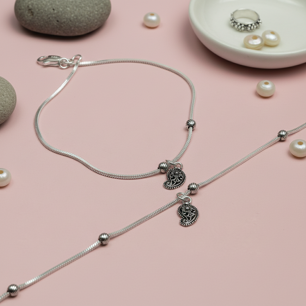 Twin-Paisley Silver Anklet Set