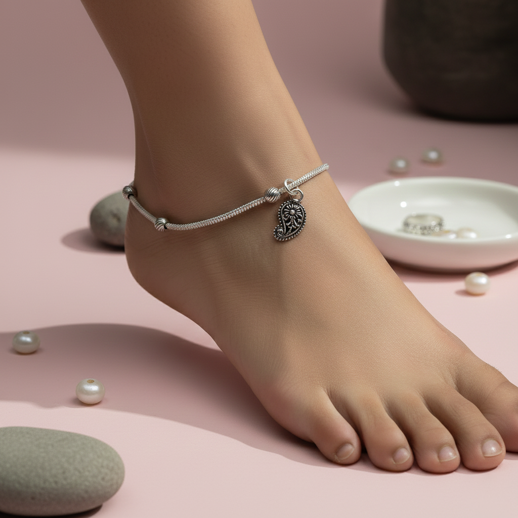 Twin-Paisley Silver Anklet Set