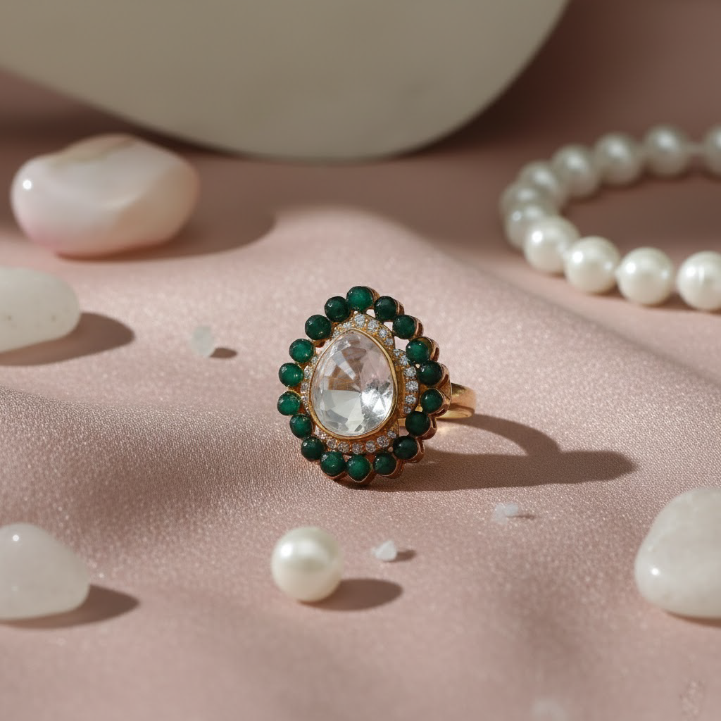 Emerald Halo Pear Cut Polkil Ring