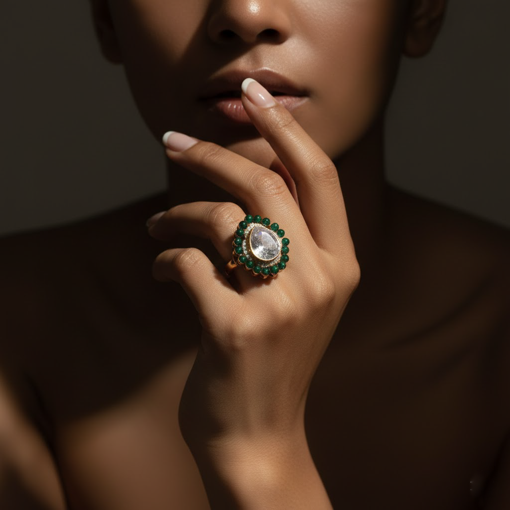 Emerald Halo Pear Cut Polkil Ring