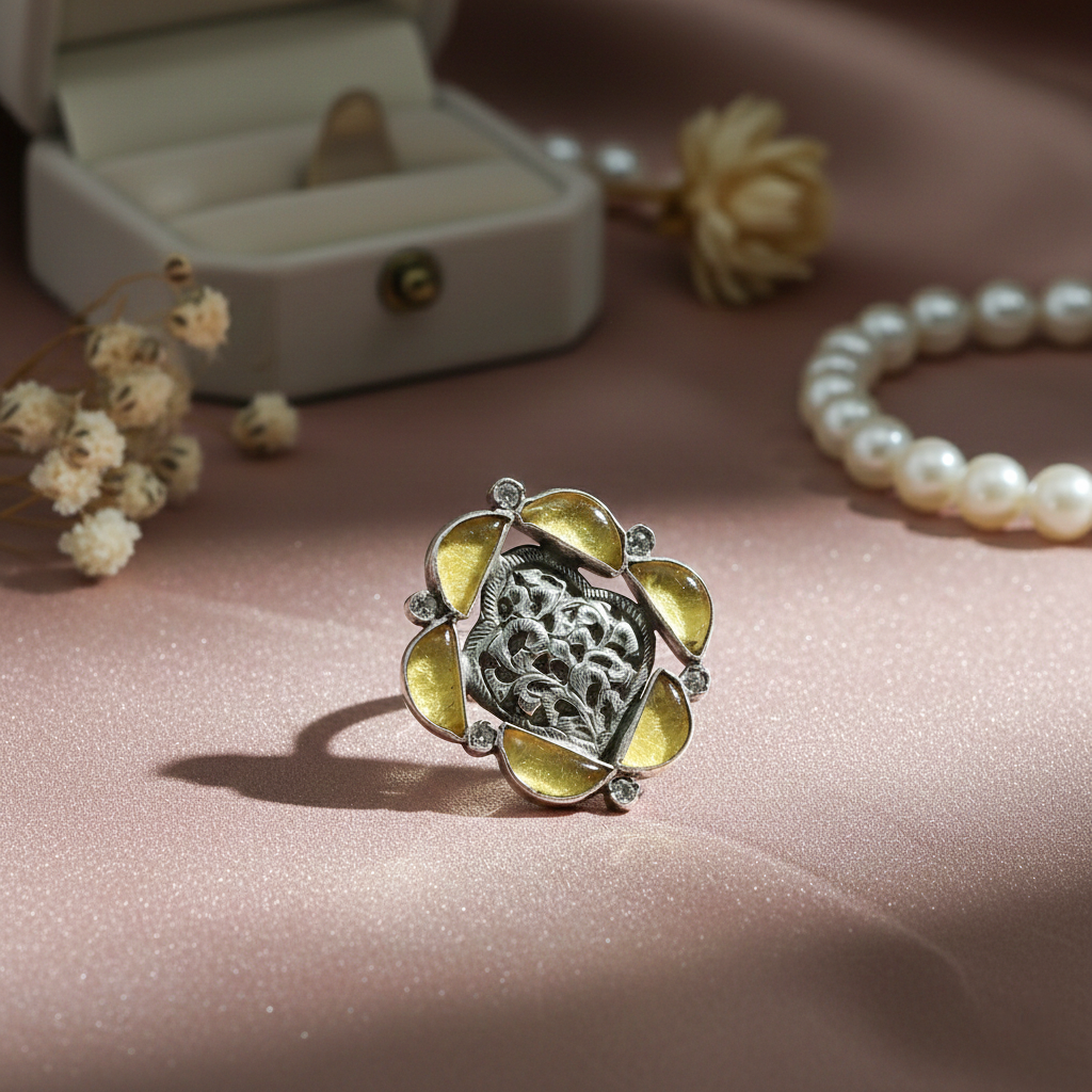 Silver Floral-Frame Cocktail Ring