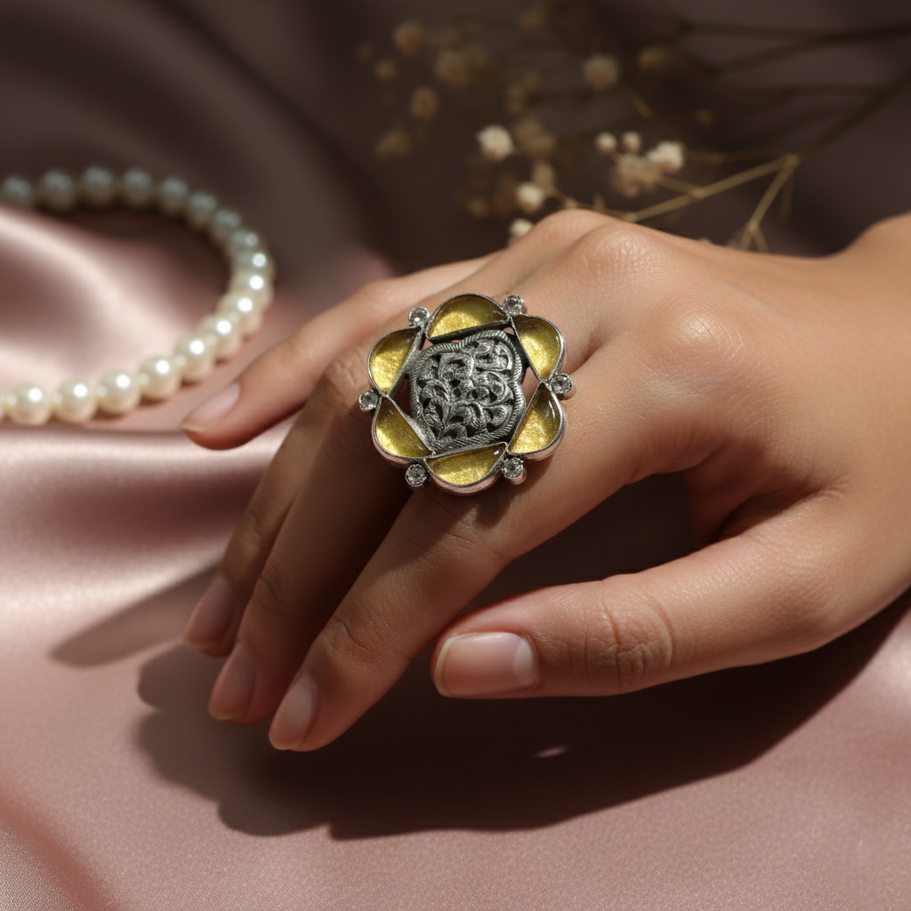 Silver Floral-Frame Cocktail Ring