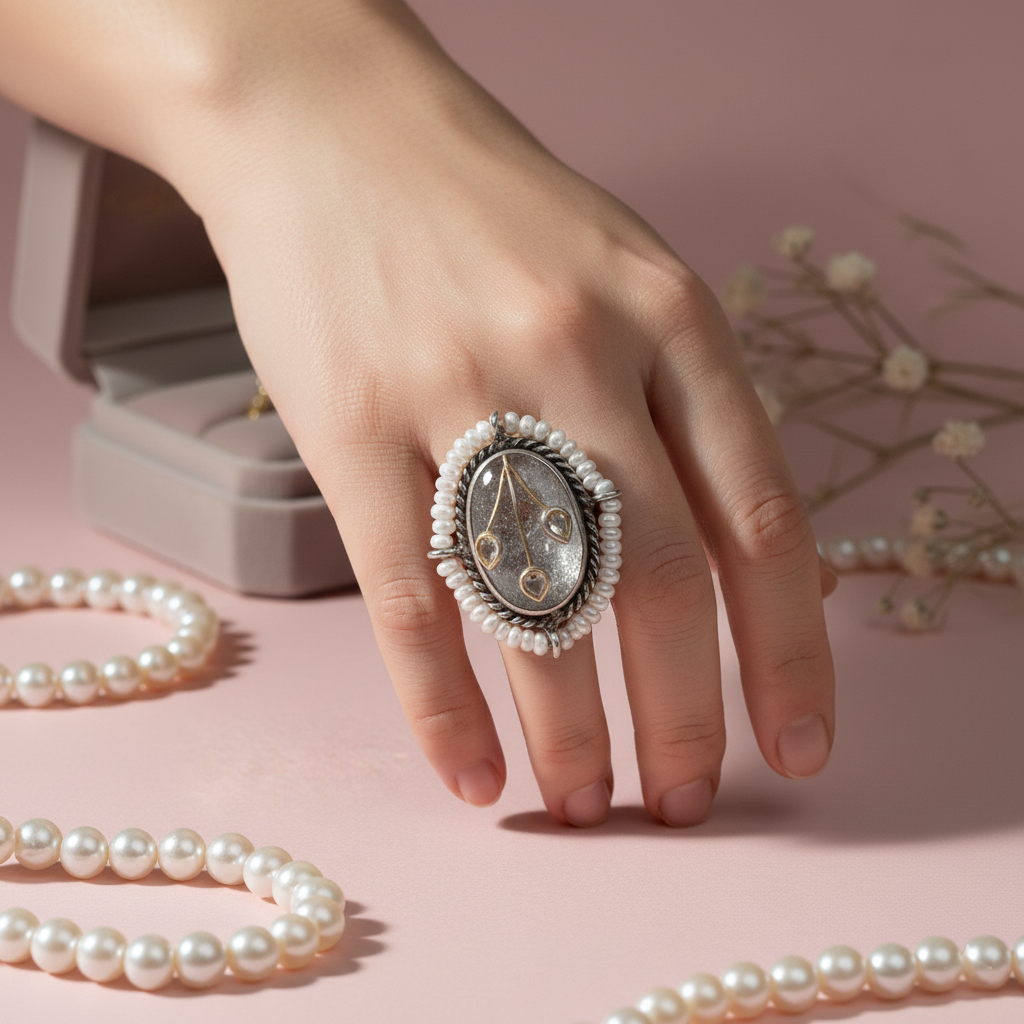 Pearl-Embraced Silver Statement Ring