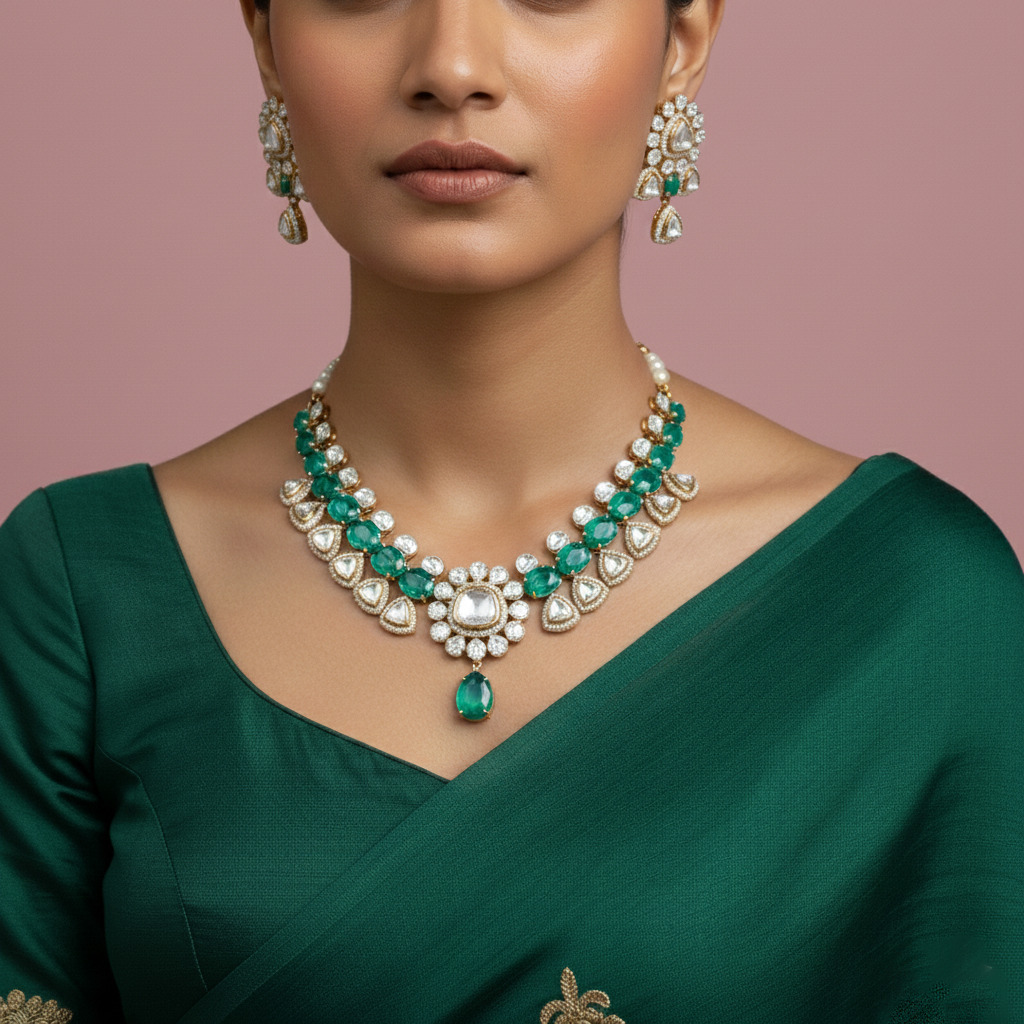 Regal Emerald Polki Choker Set.