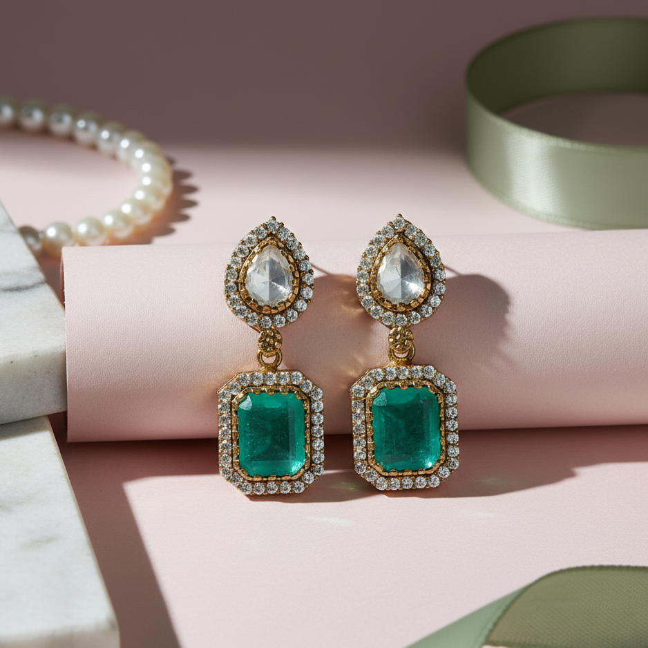 Pear Polki & Emerald Silver Earrings