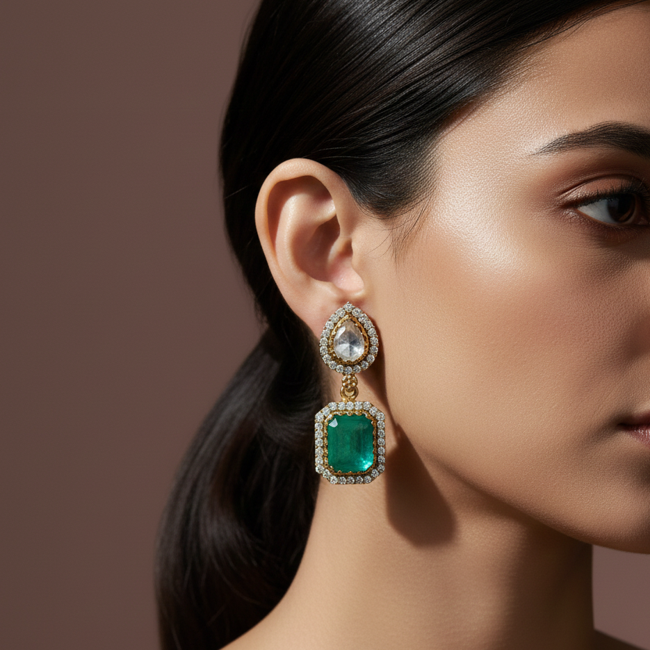 Pear Polki & Emerald Silver Earrings