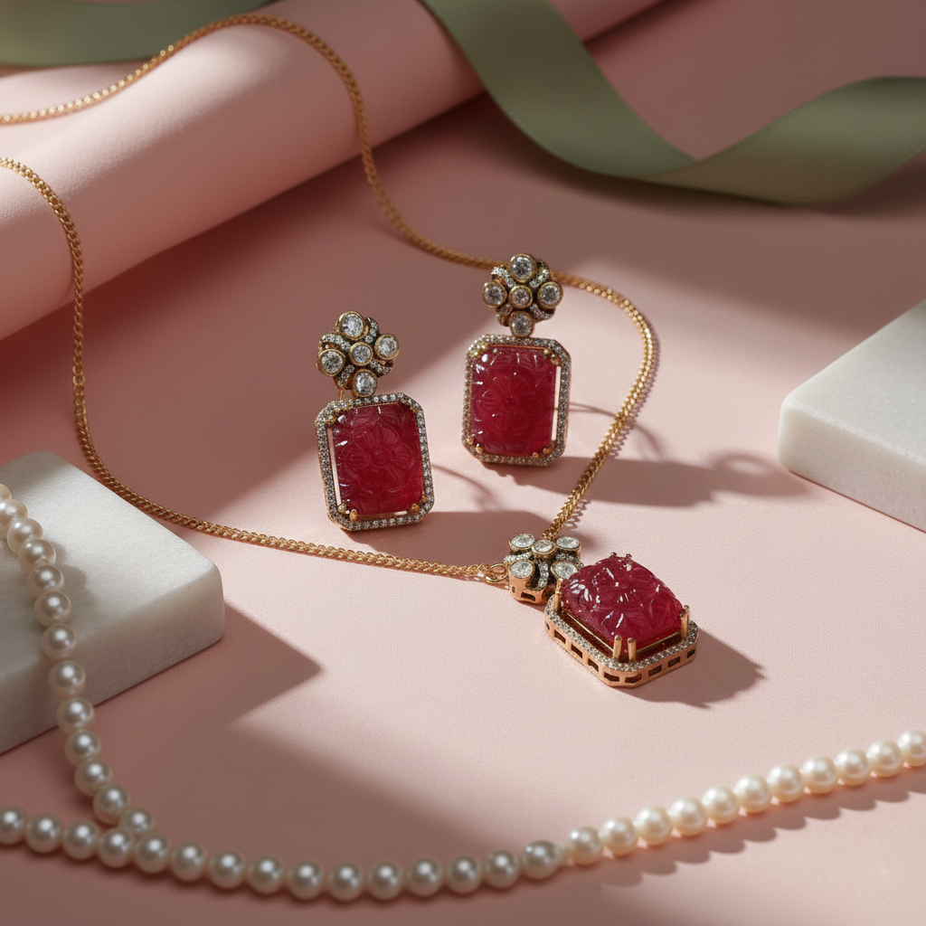 Regal Ruby Carved Pendant Set