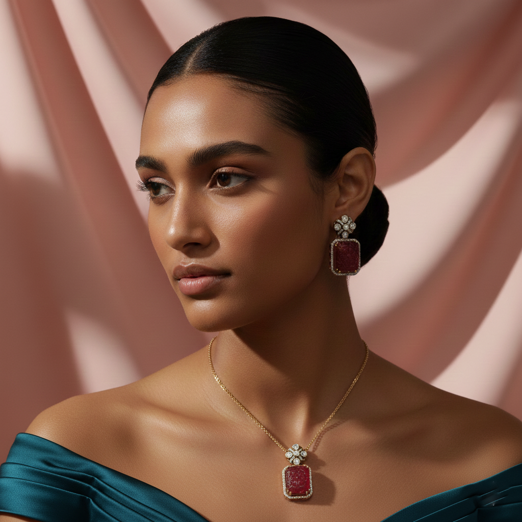 Regal Ruby Carved Pendant Set