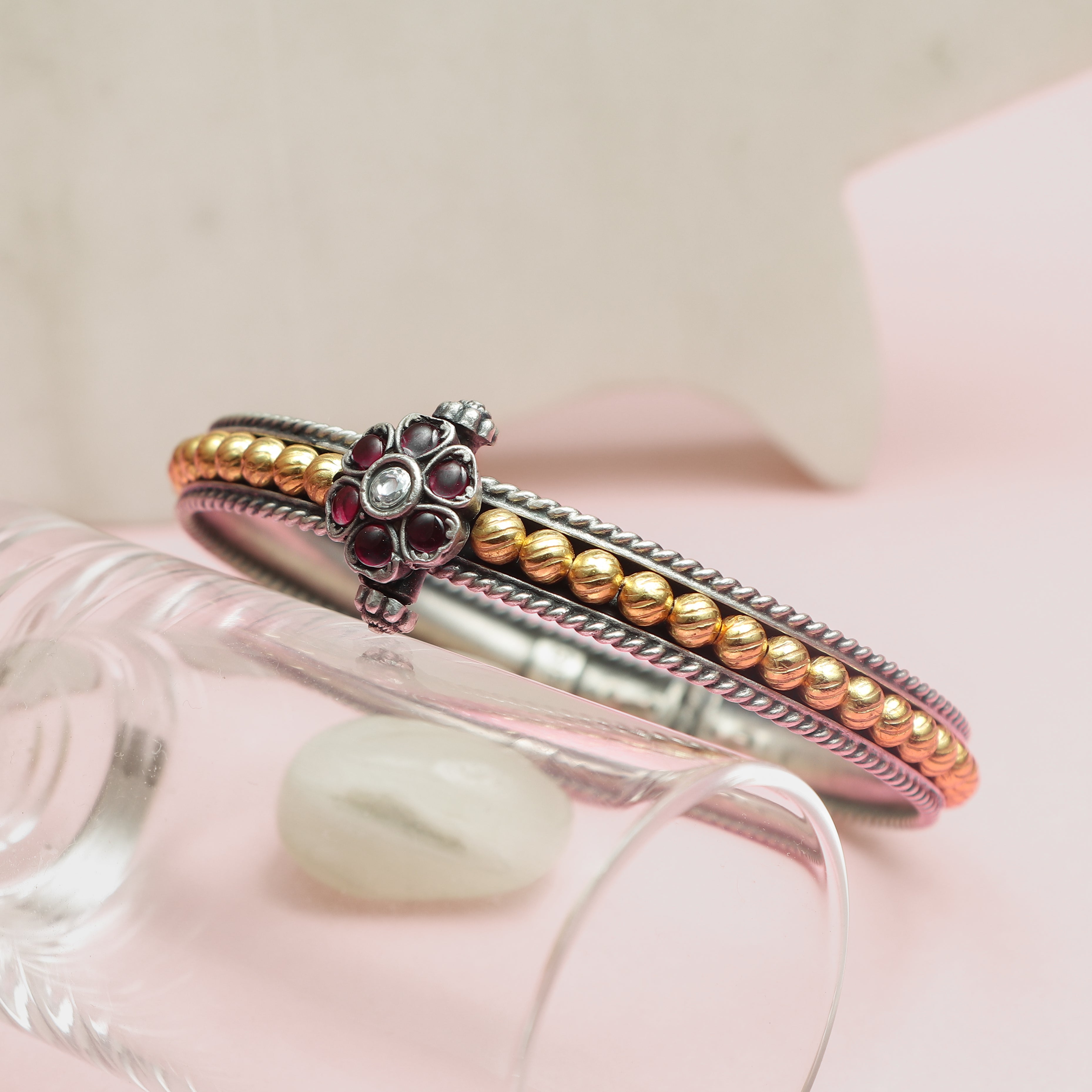 Ruby Blossom Silver Bangle