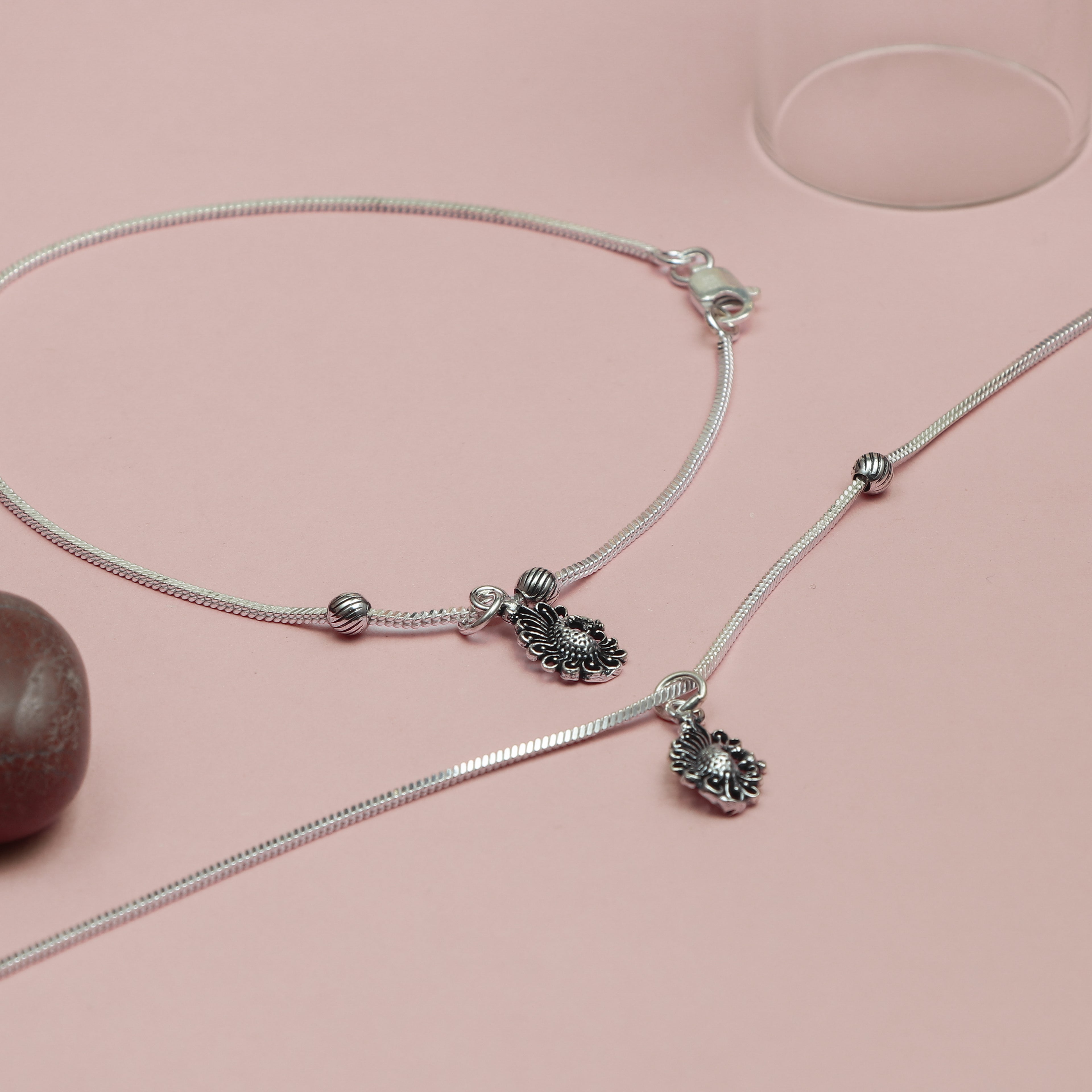 Silver Floral-Charm Snake-Chain Anklet (Pair)