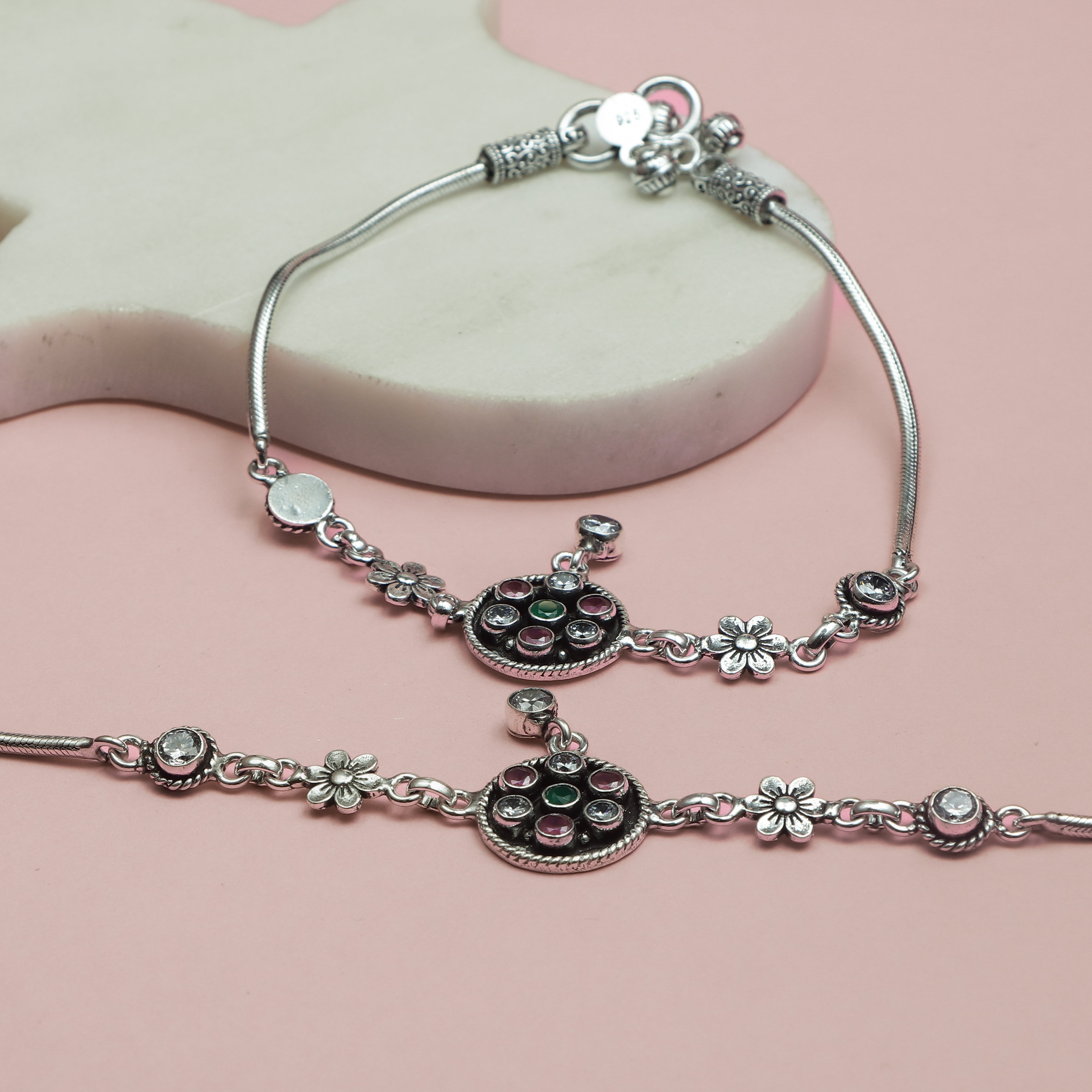 Silver Flower Charm Anklet