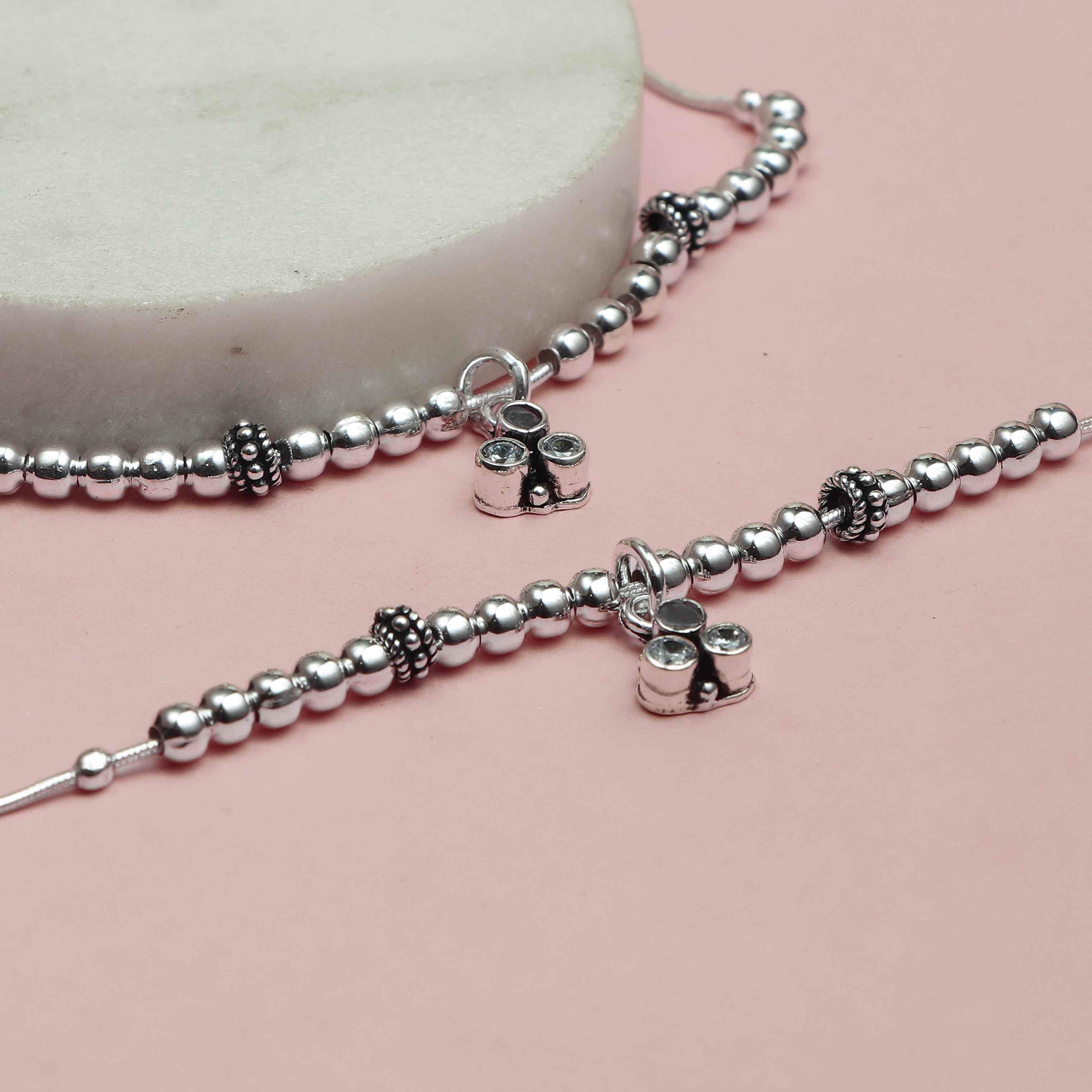 "Milan Silver Beaded Anklets".