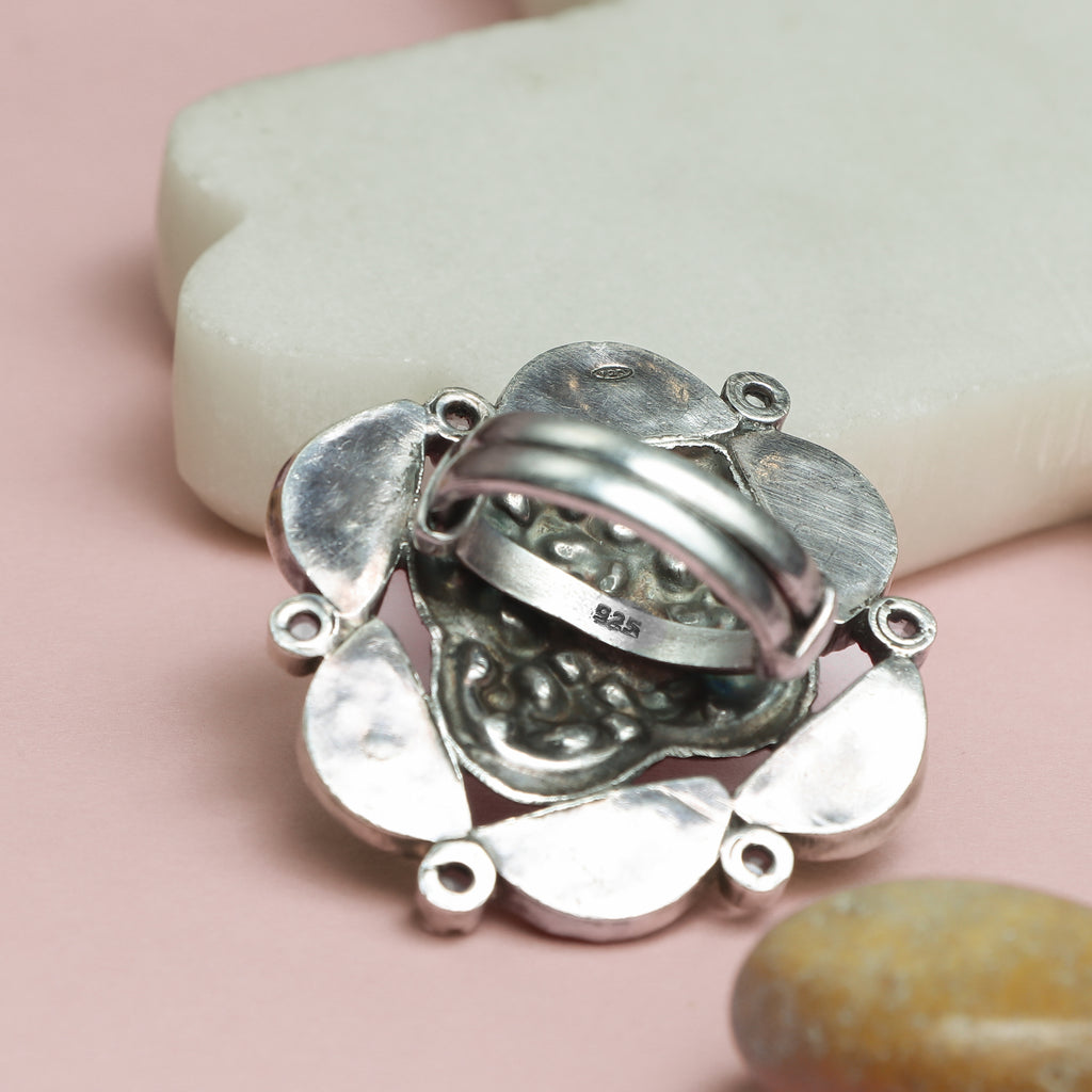 Silver Floral-Frame Cocktail Ring