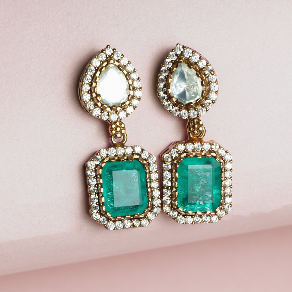 Pear Polki & Emerald Silver Earrings