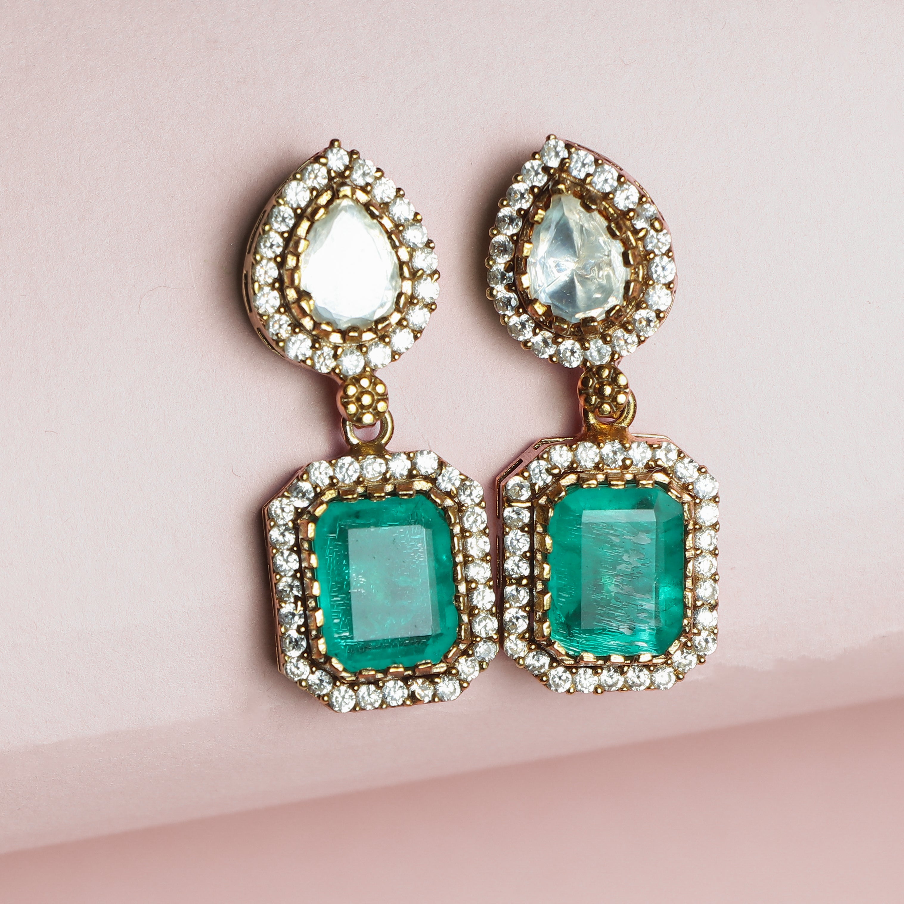 Pear Polki & Emerald Silver Earrings