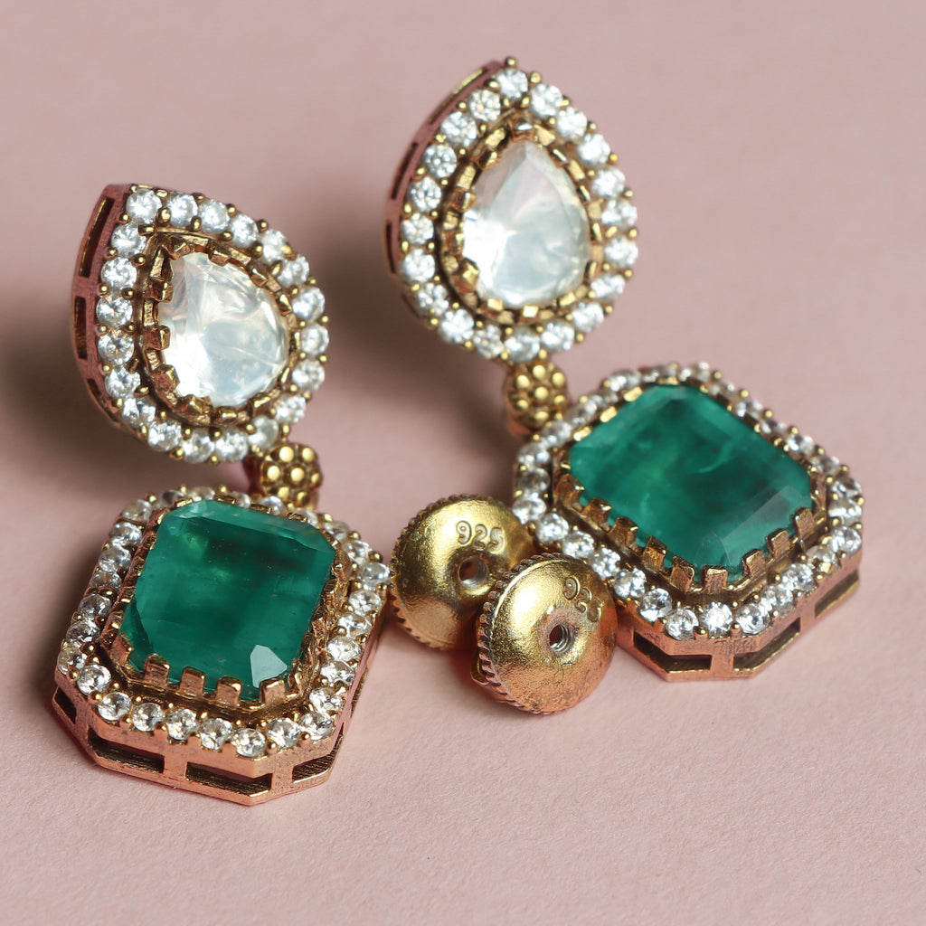 Pear Polki & Emerald Silver Earrings