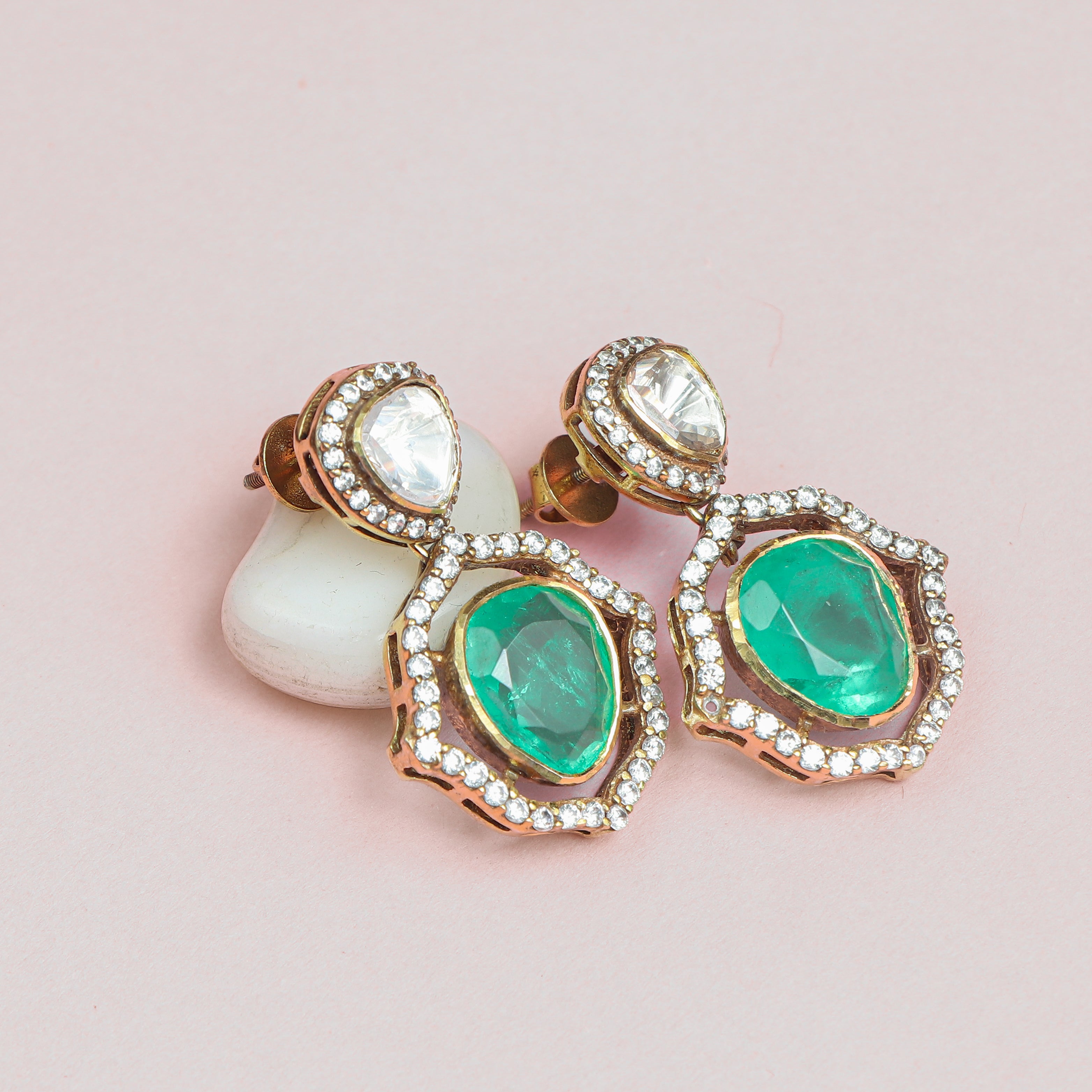 Art Deco Emerald & Diamond Pendant Studs