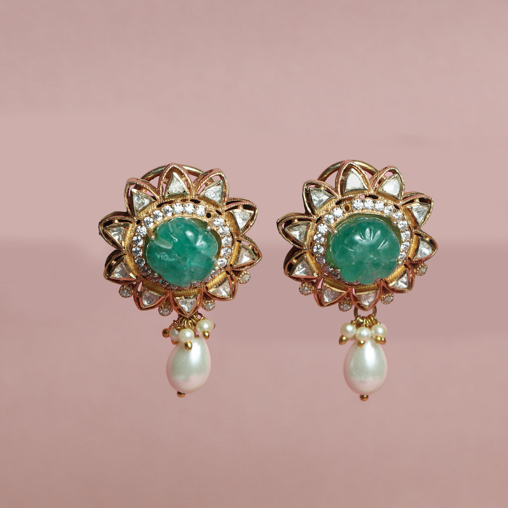 Emerald Sunflower Pearl Drop Earrings