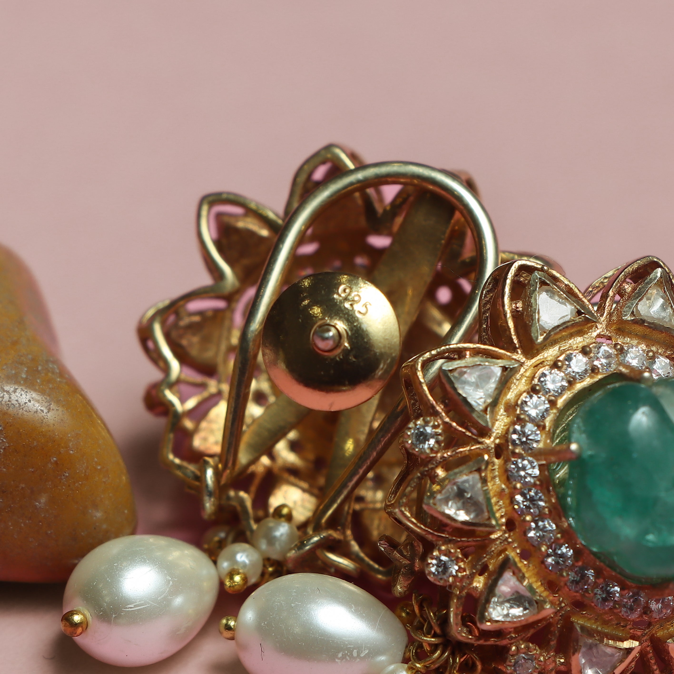 Emerald Sunflower Pearl Drop Earrings