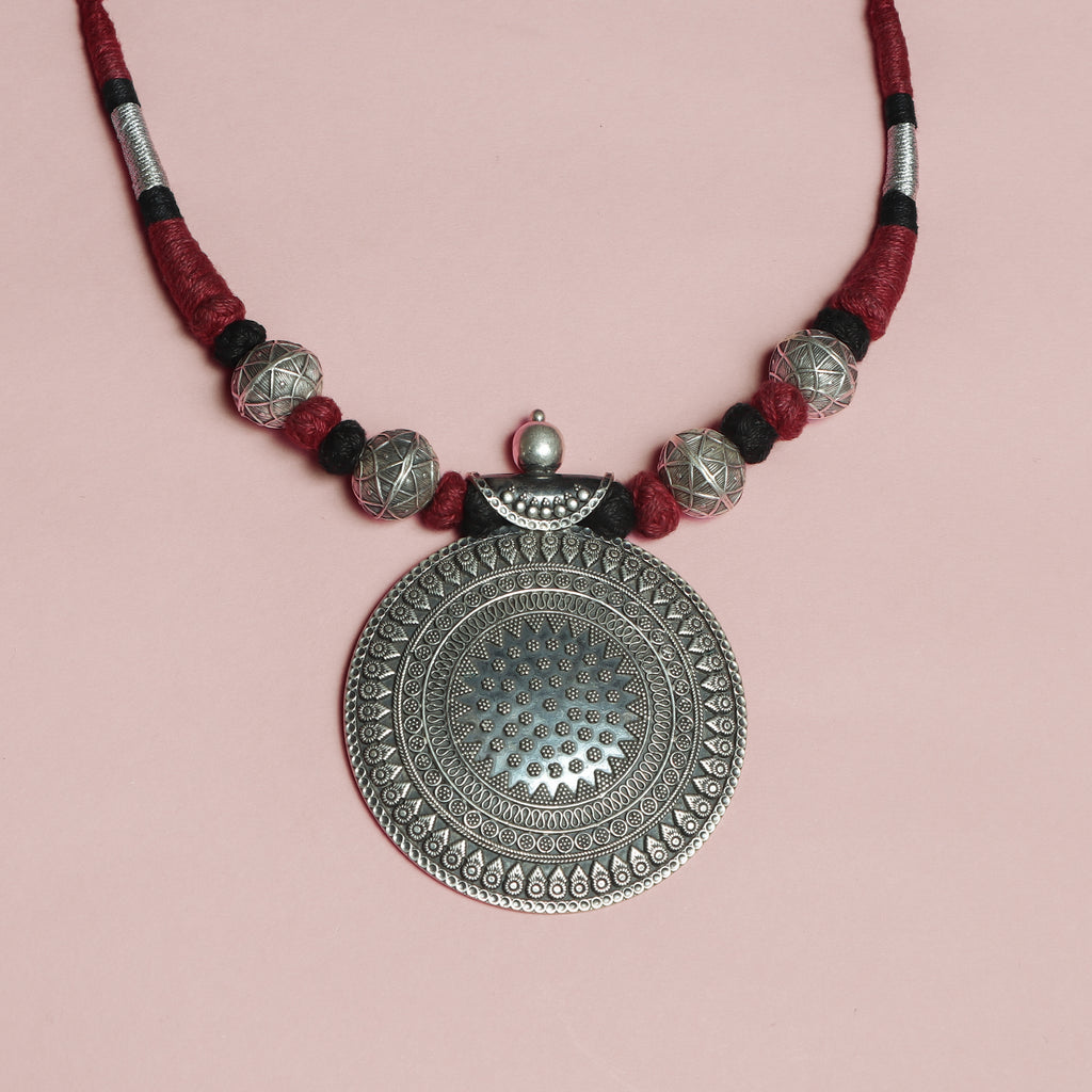 Maroon‑Threaded Oxidised Silver Mandala Necklace