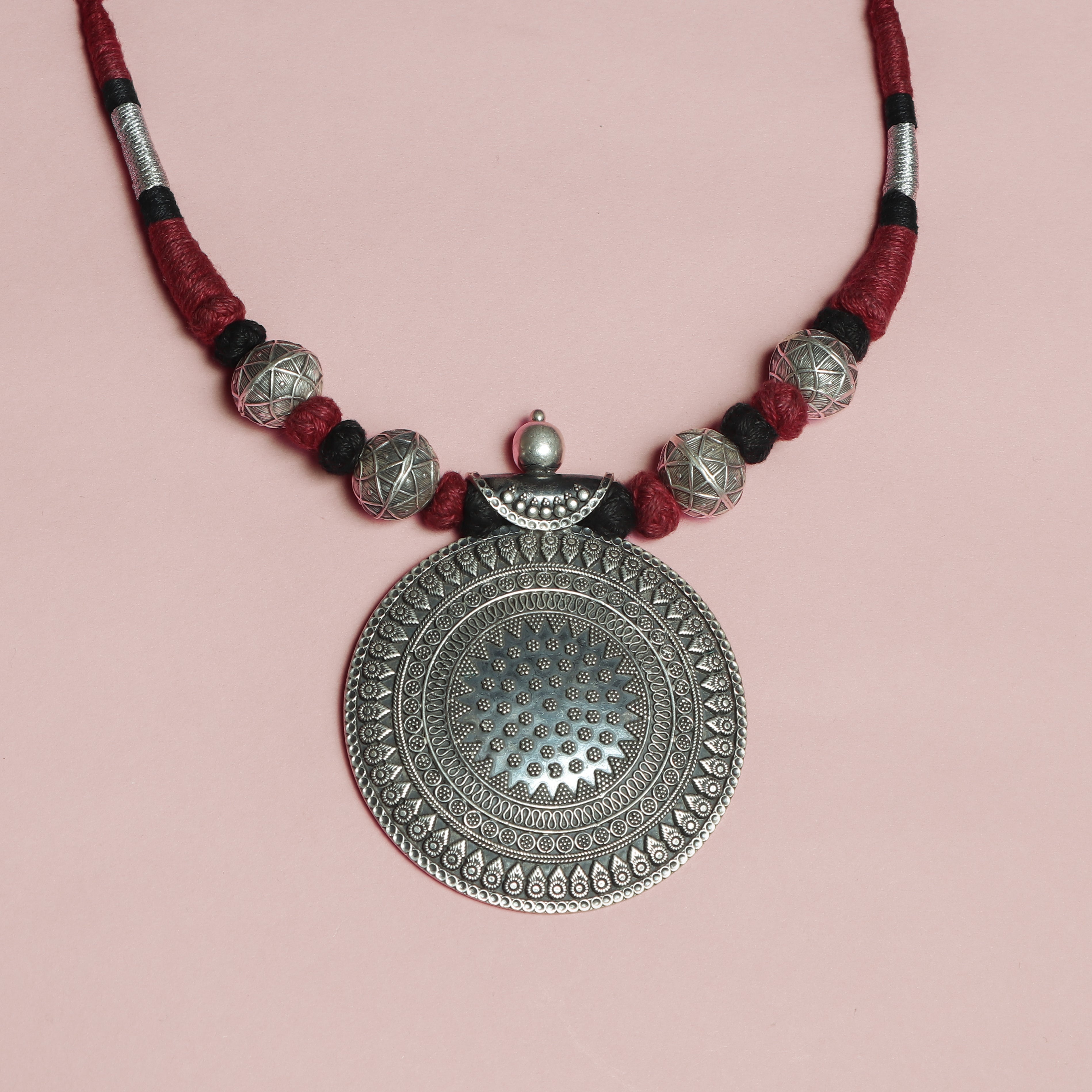 Maroon‑Threaded Oxidised Silver Mandala Necklace