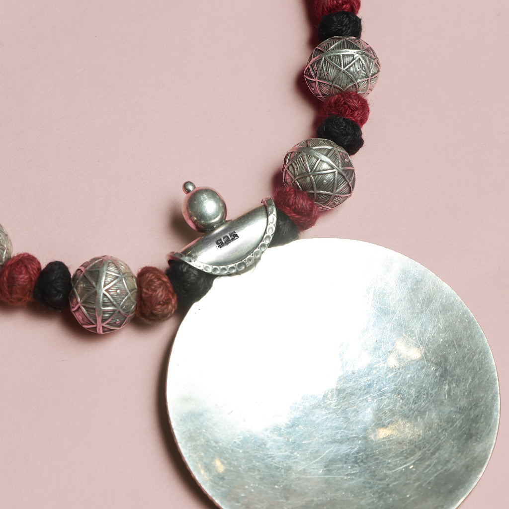 Maroon‑Threaded Oxidised Silver Mandala Necklace