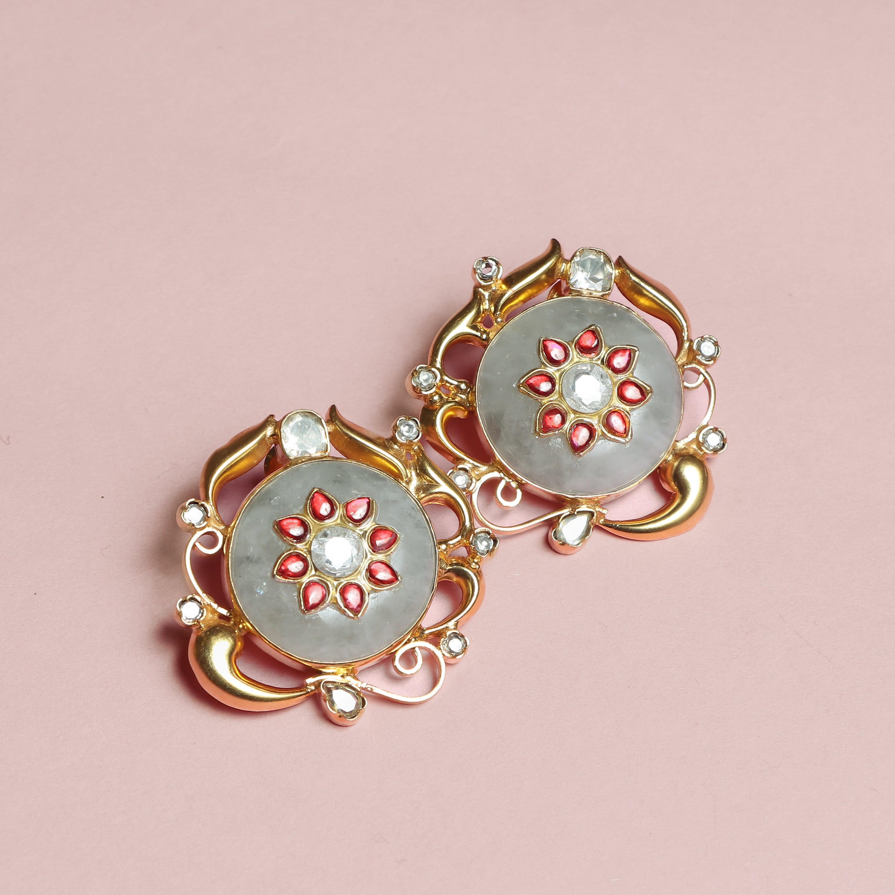 Classic Red‑Petaled Silver Earrings