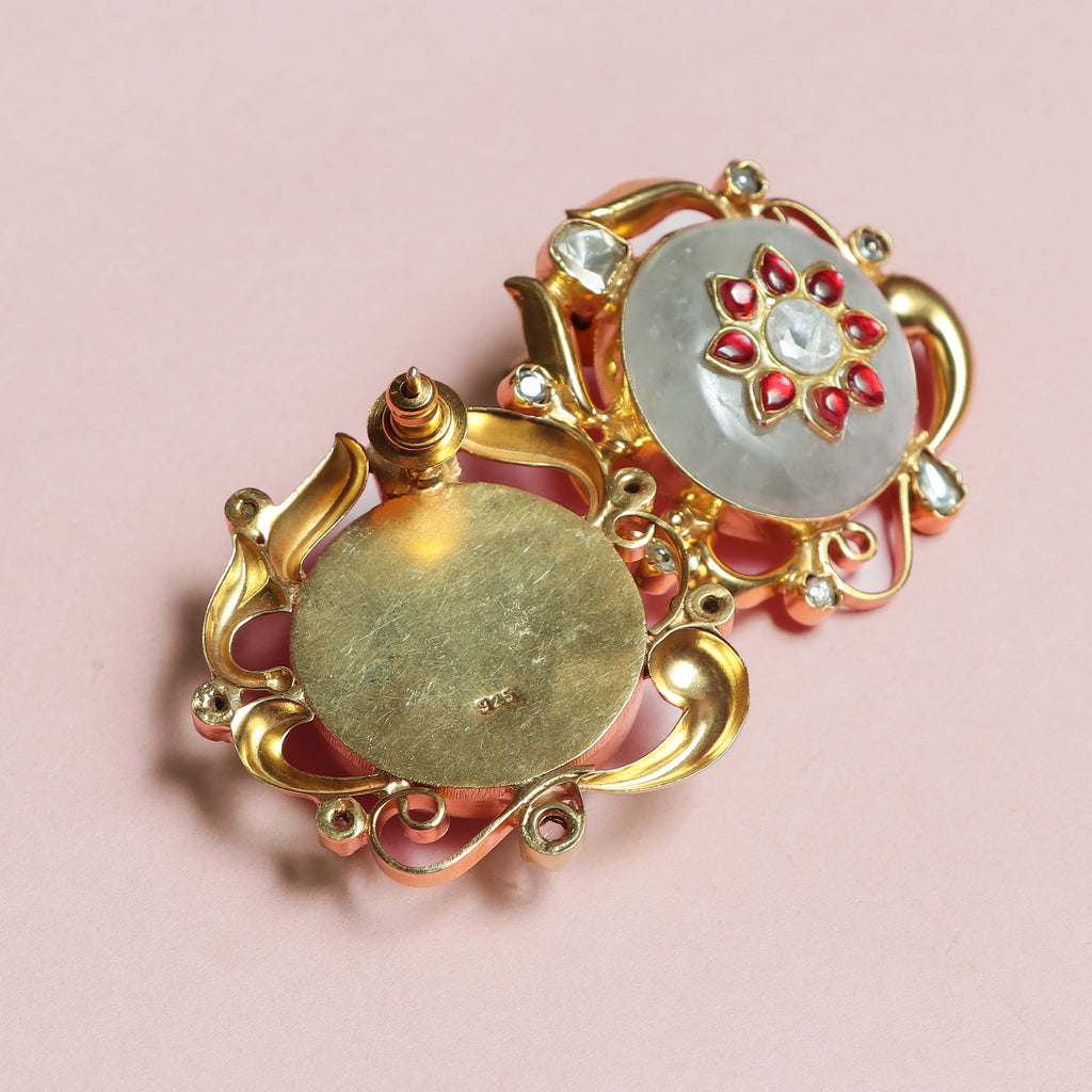 Classic Red‑Petaled Silver Earrings