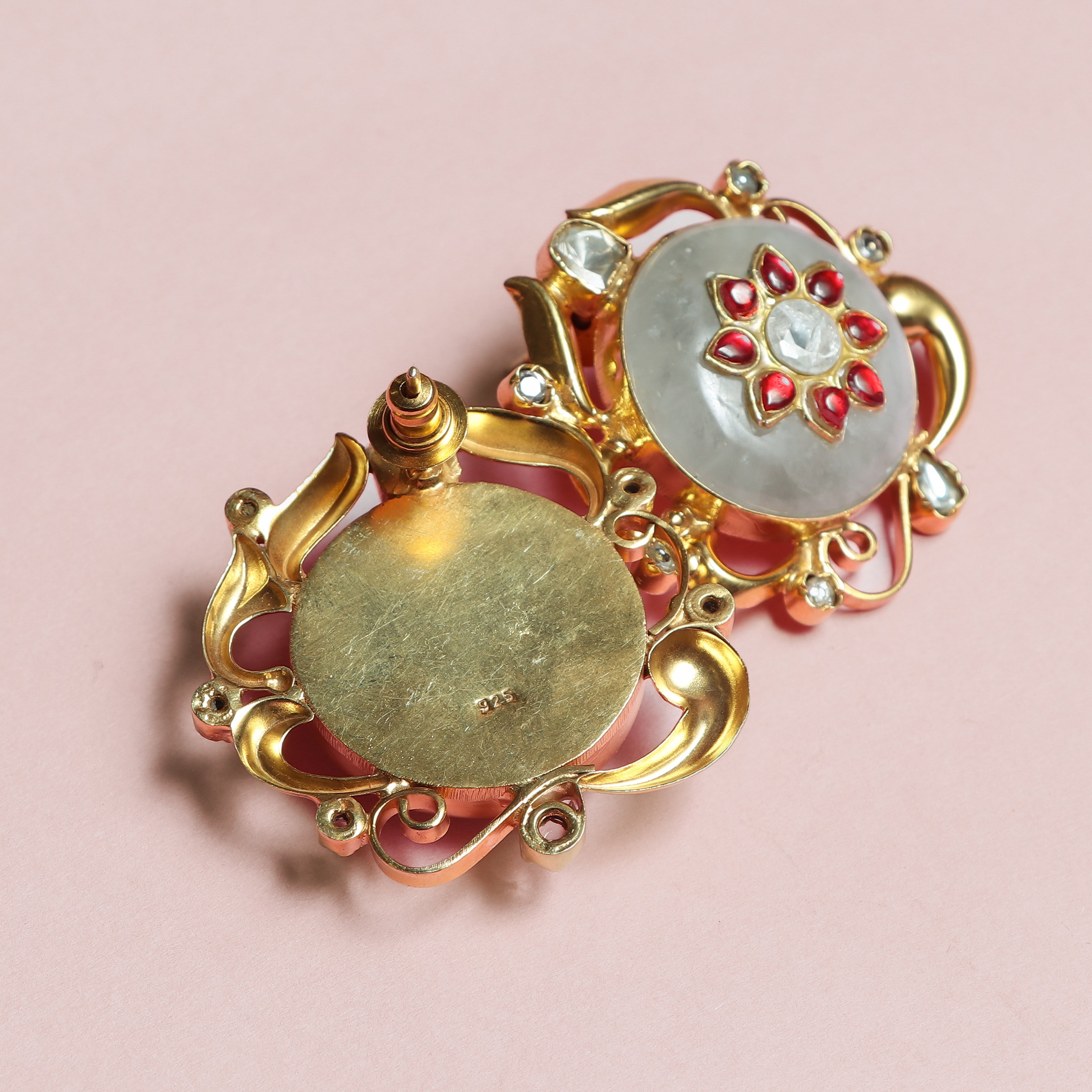 Classic Red‑Petaled Silver Earrings