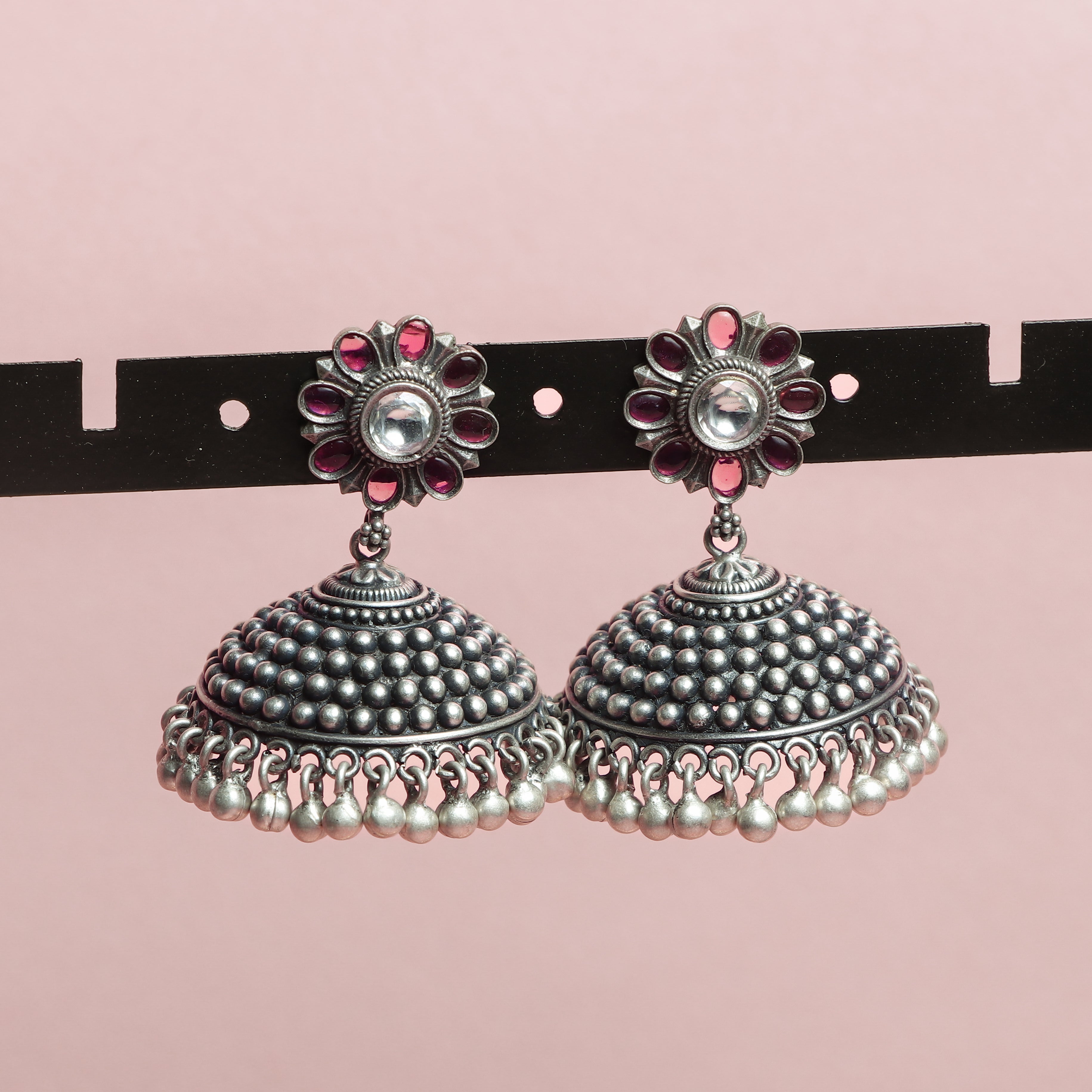 Ruby‑Petaled Silver Jhumka with Pearl Trim