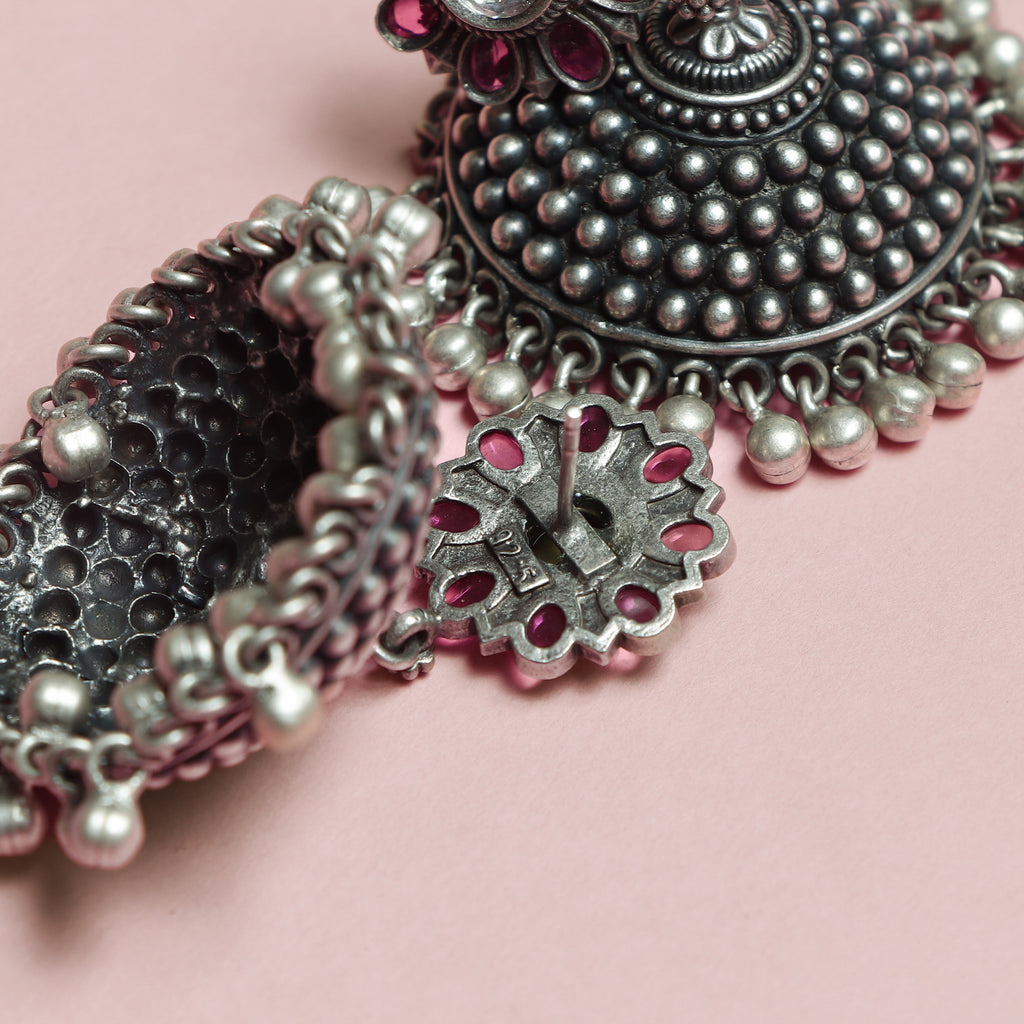 Rubellite‑Petaled Silver Jhumka with Pearl Trim