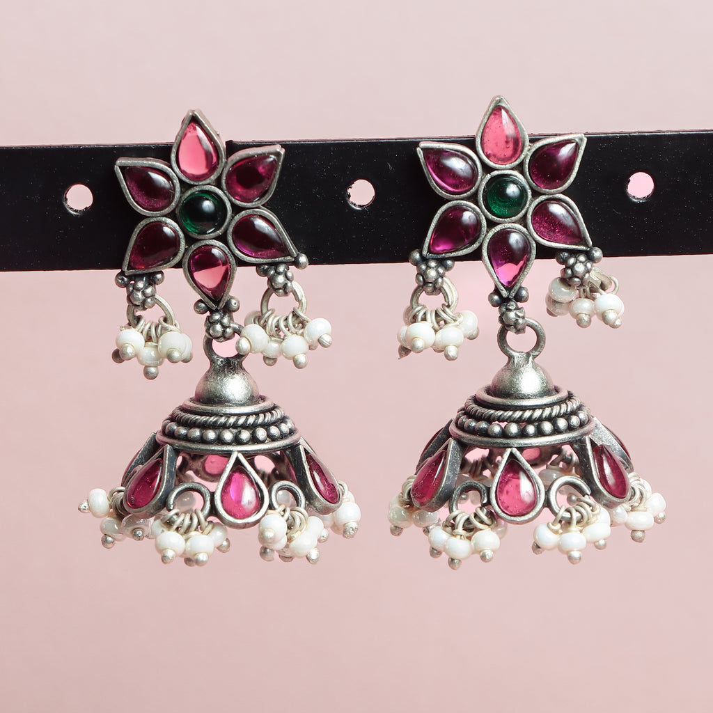 Ruby‑Emerald Silver Jhumka