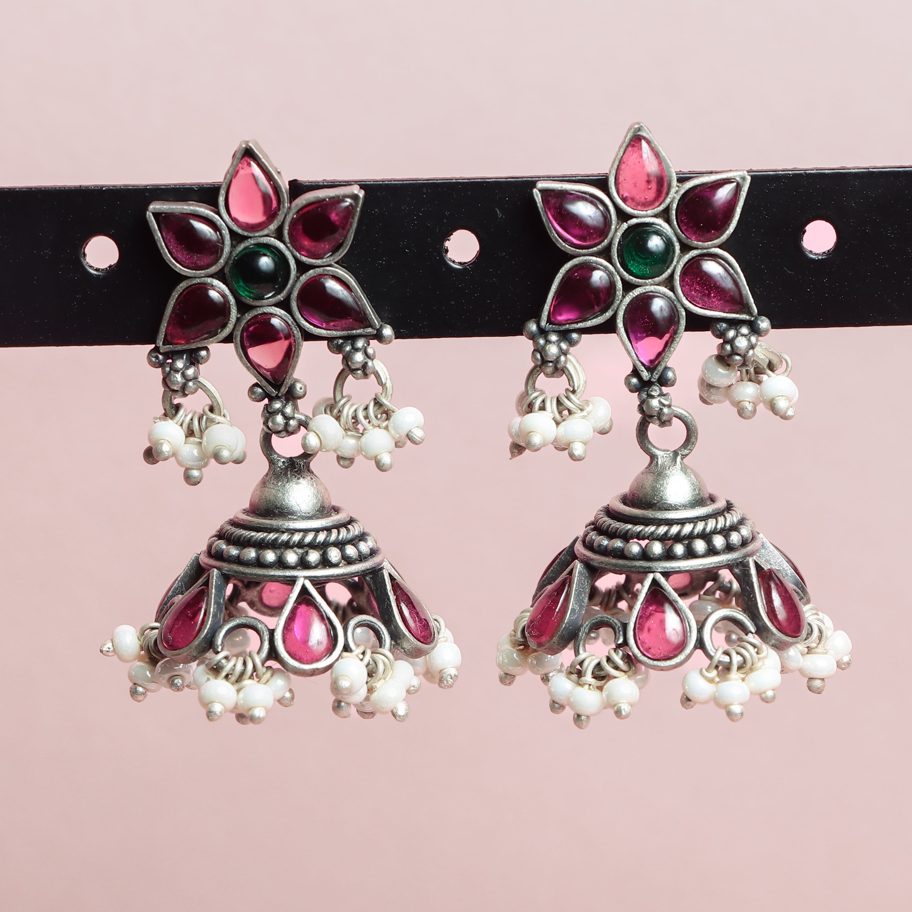 Ruby‑Emerald Silver Jhumka