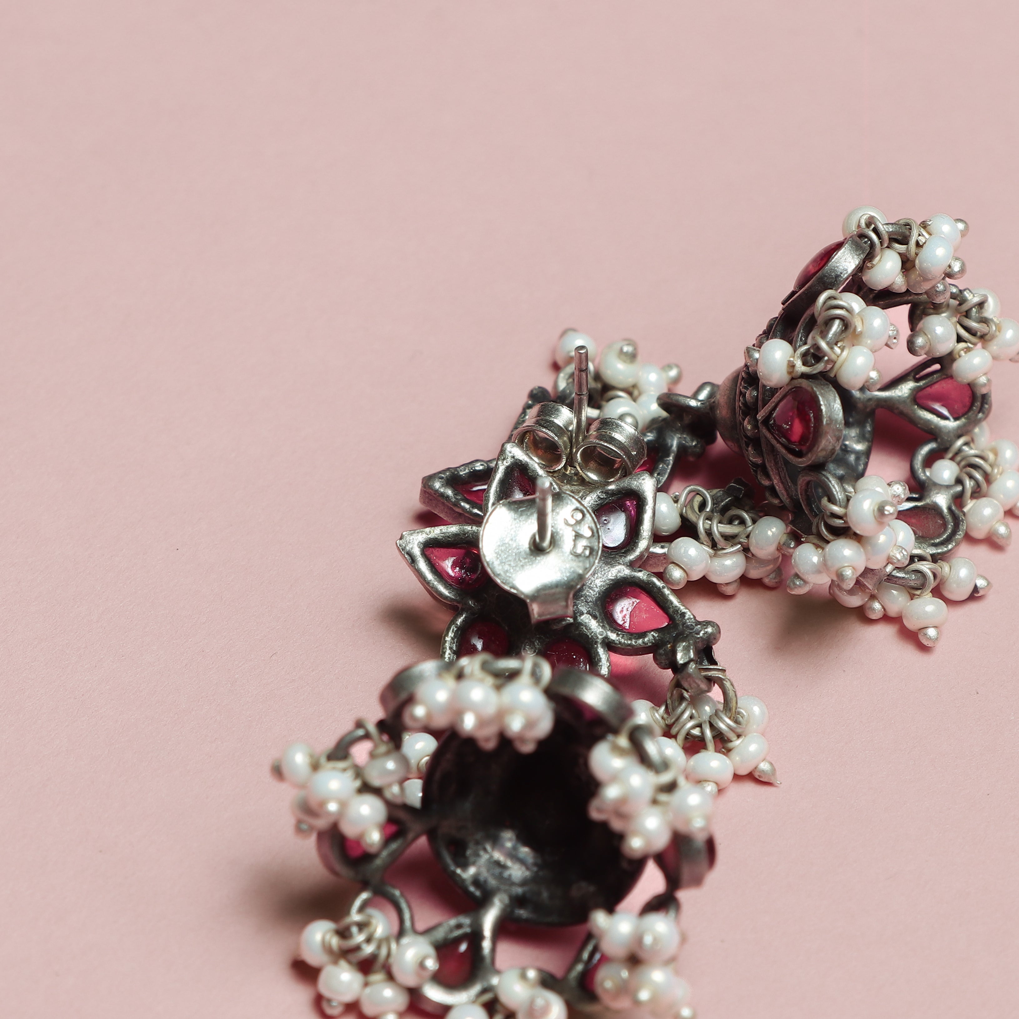 Ruby‑Emerald Silver Jhumka