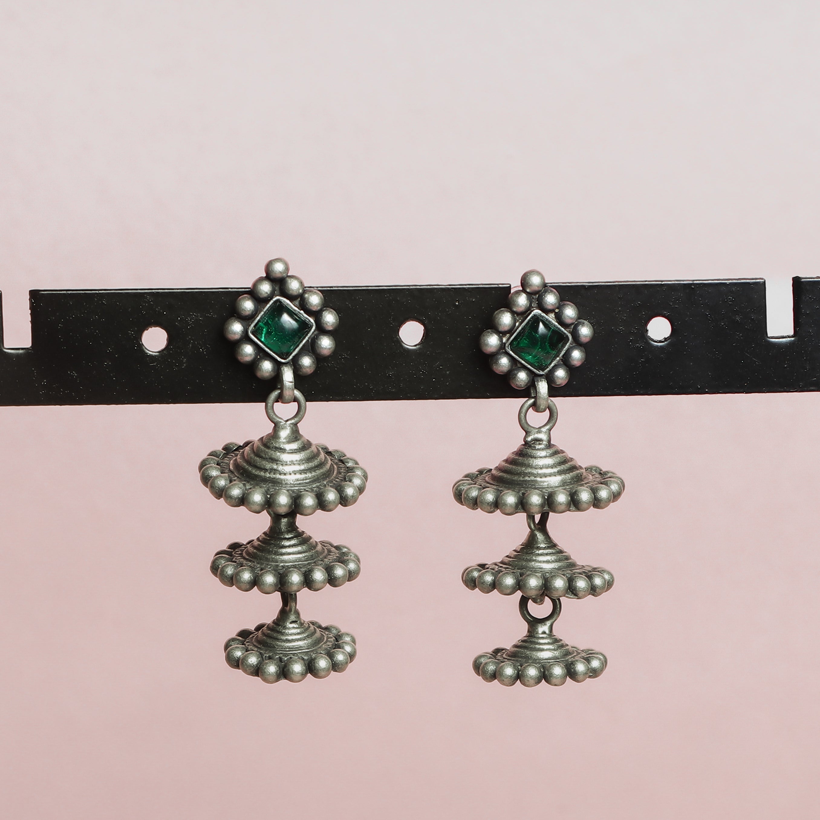 Silver Oxidised Green‑Stone 3 Layered Jhumka