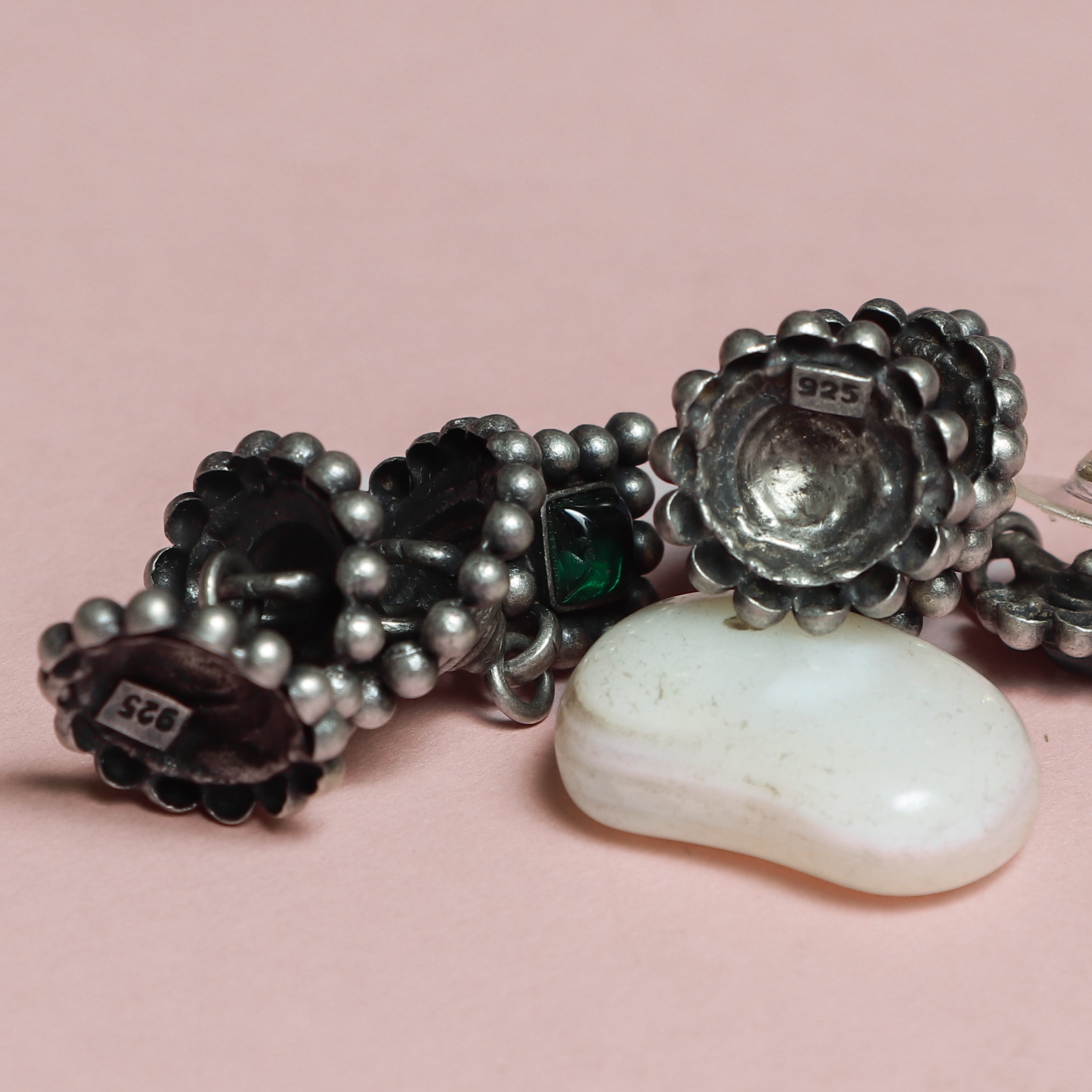 Silver Oxidised Green‑Stone 3 Layered Jhumka