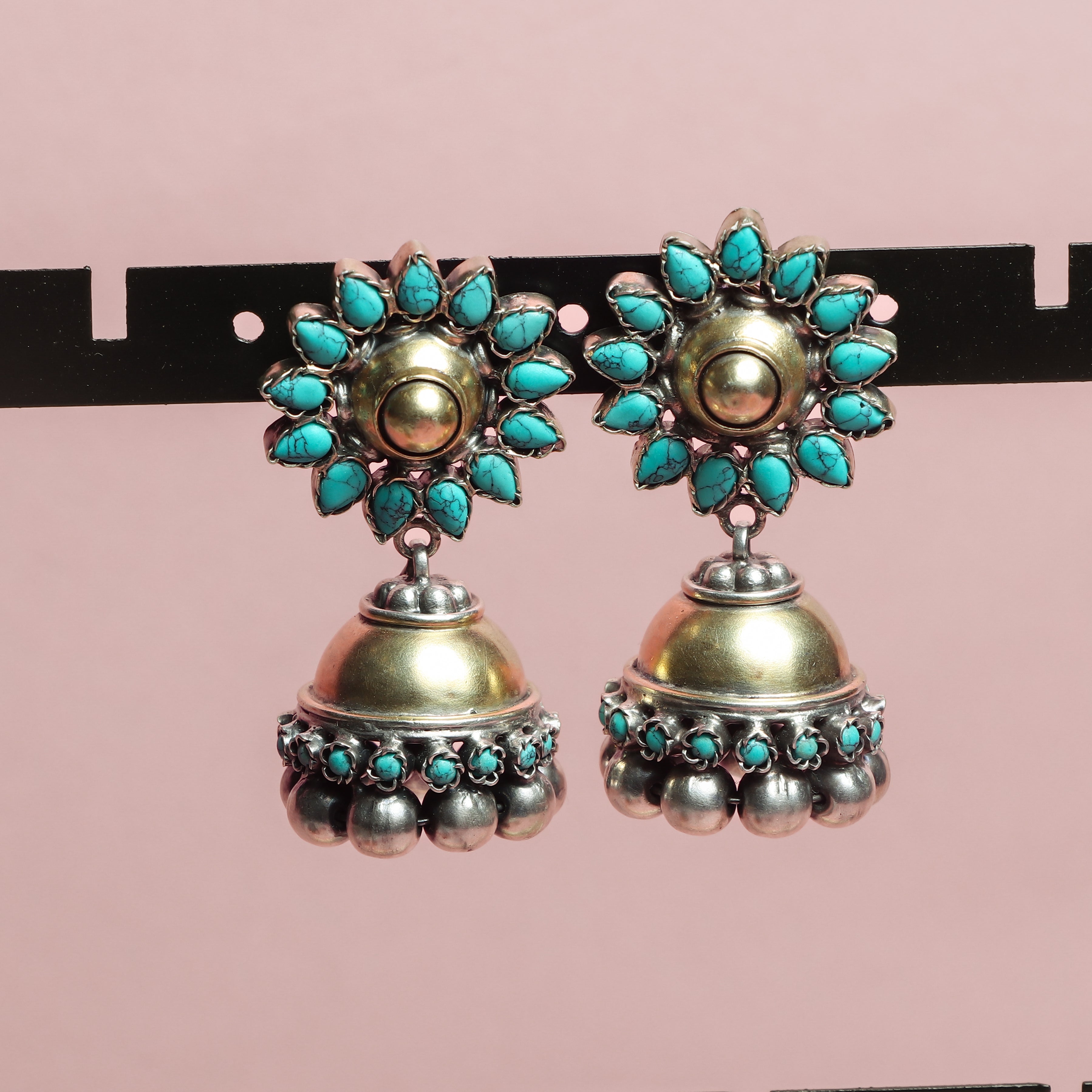 Turquoise Floral Silver Jhumka