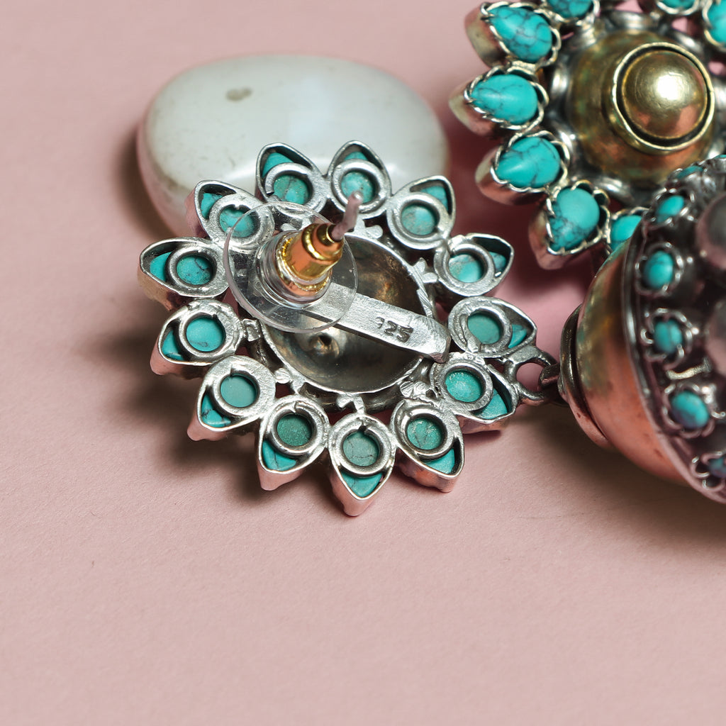 Turquoise Floral Silver Jhumka