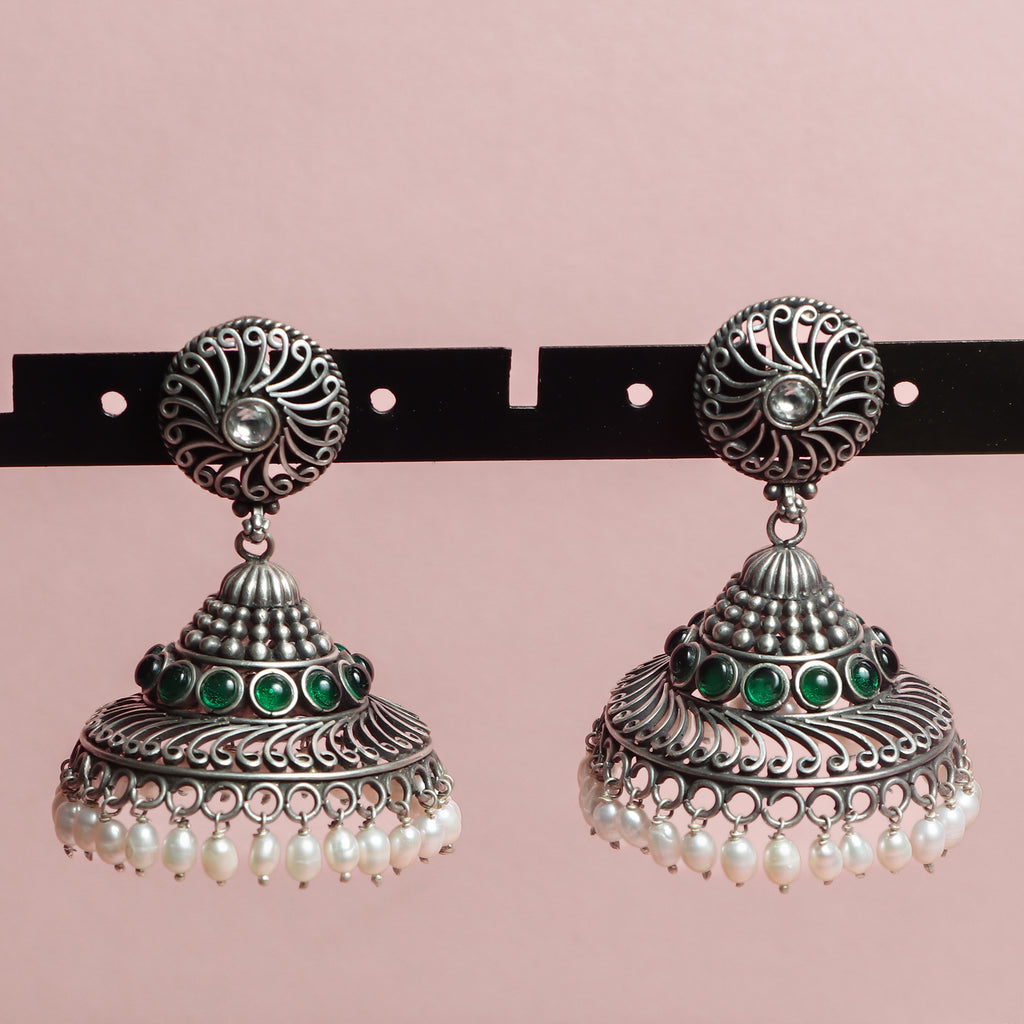 Silver Oxidised Emerald & Pearl Jhumka