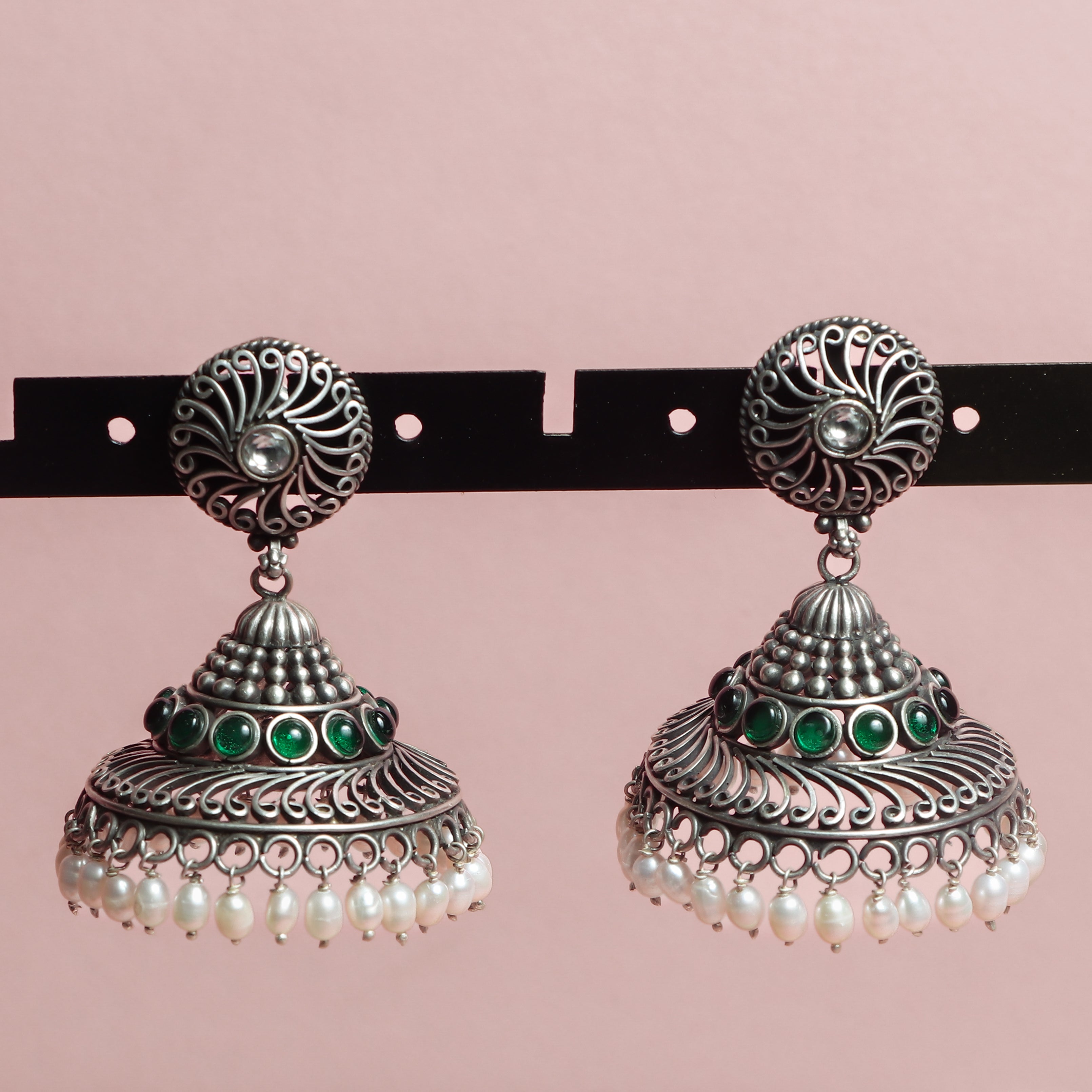 Silver Oxidised Emerald & Pearl Jhumka