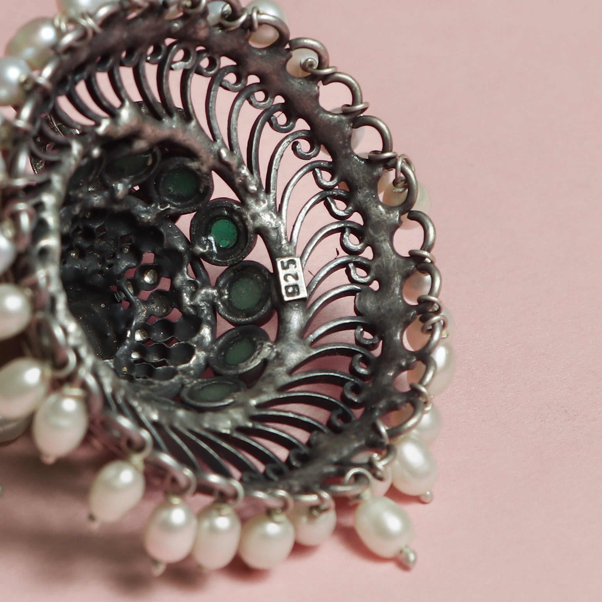 Silver Oxidised Emerald & Pearl Jhumka