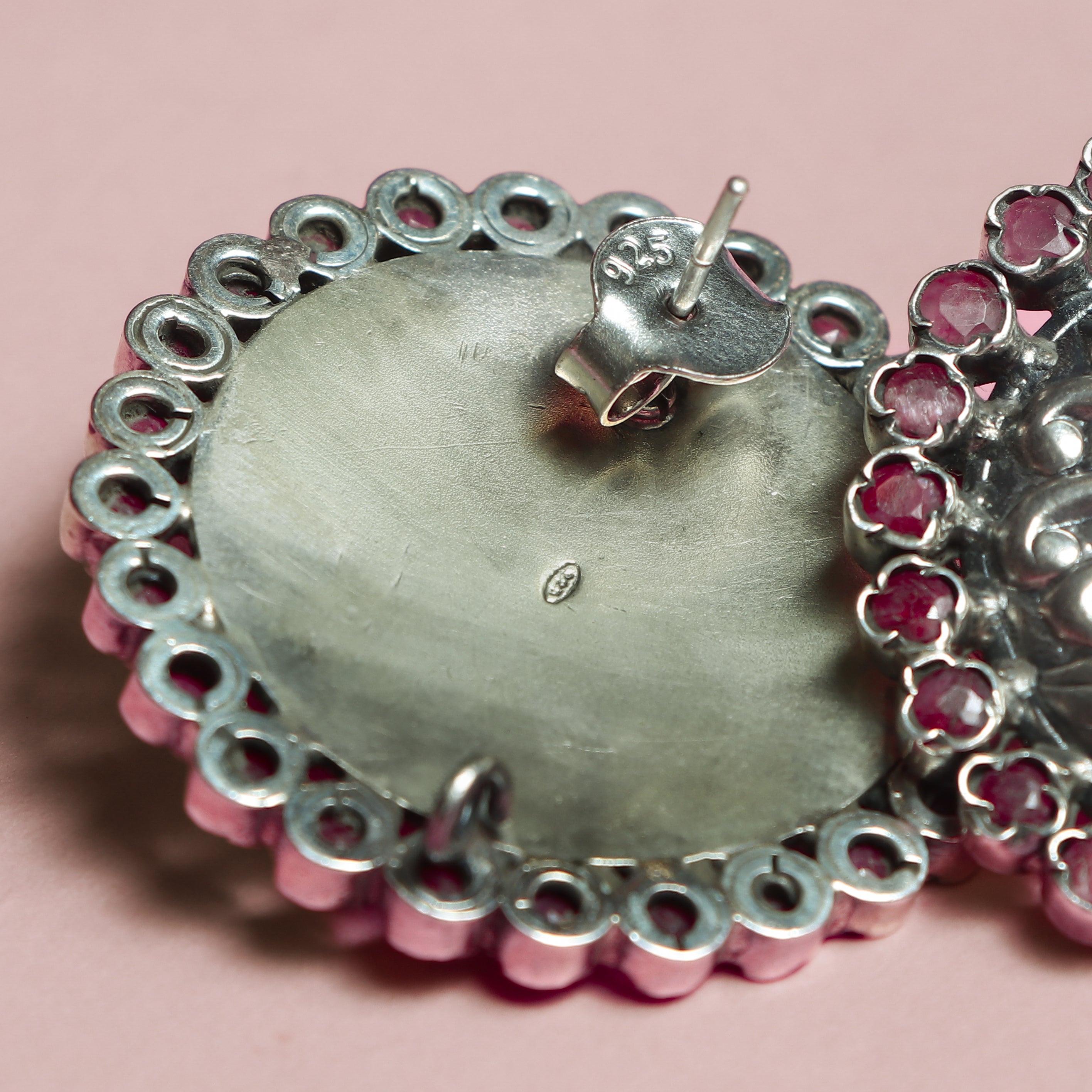 Ruby‑bordered Silver Peacock Studs