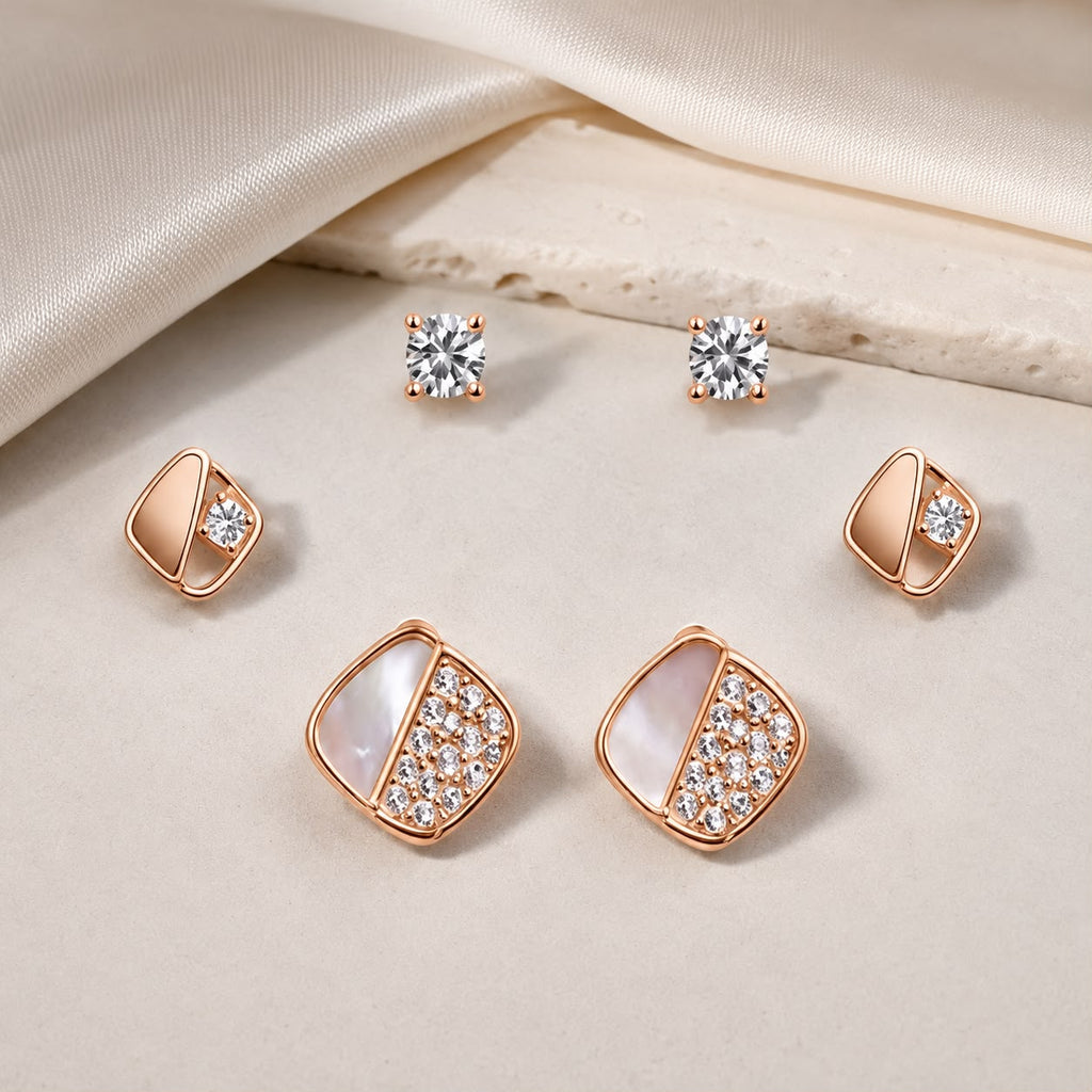 Celeste Trio Stud Set – 935 Silver Rose Gold Earrings (Pack of 3)