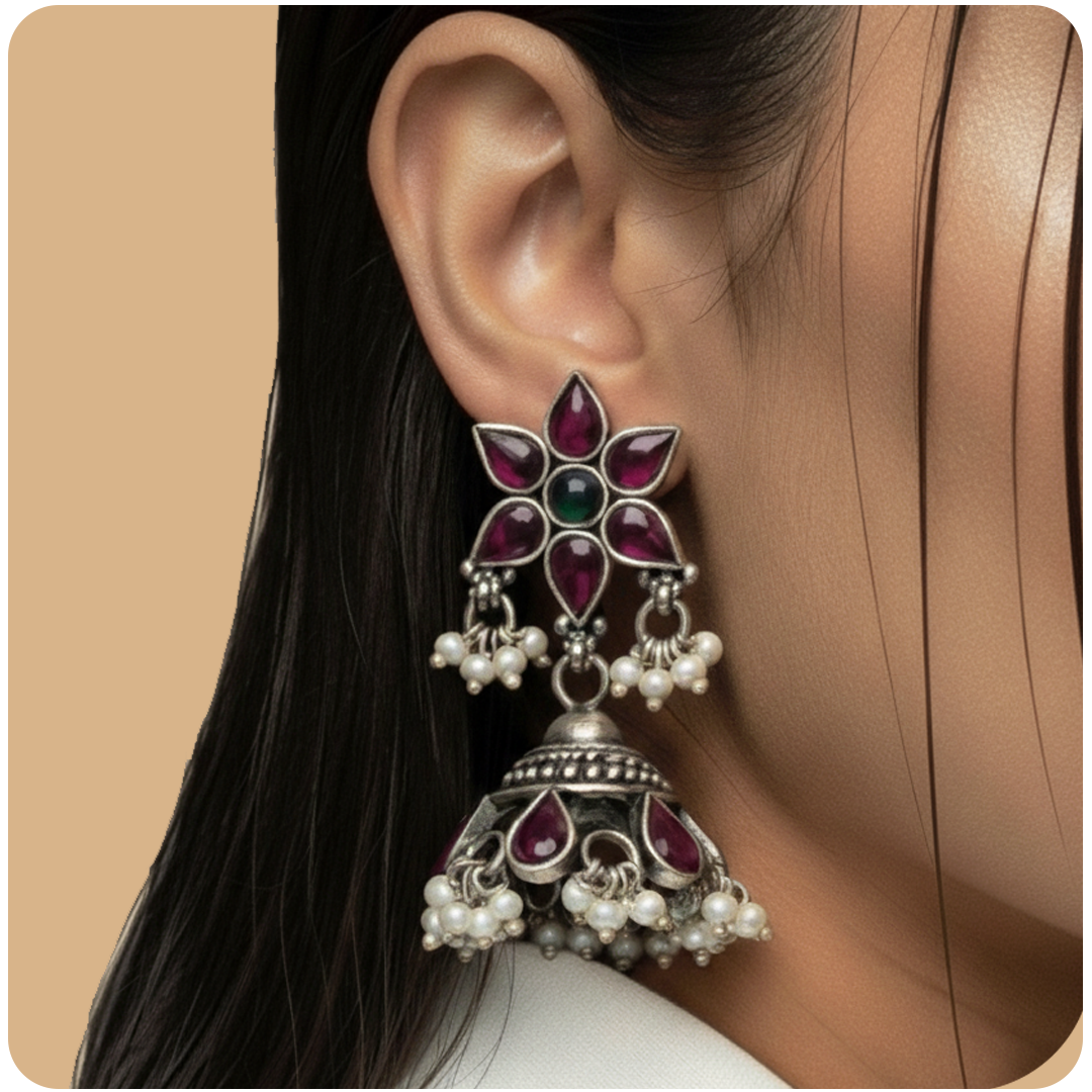 Silver Blossom Jhumki 🌸