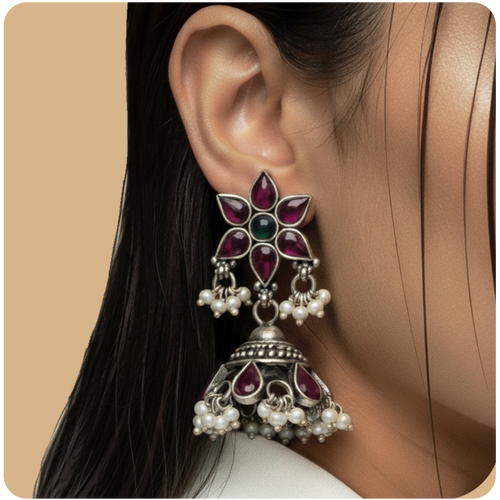 Silver Blossom Jhumki 🌸